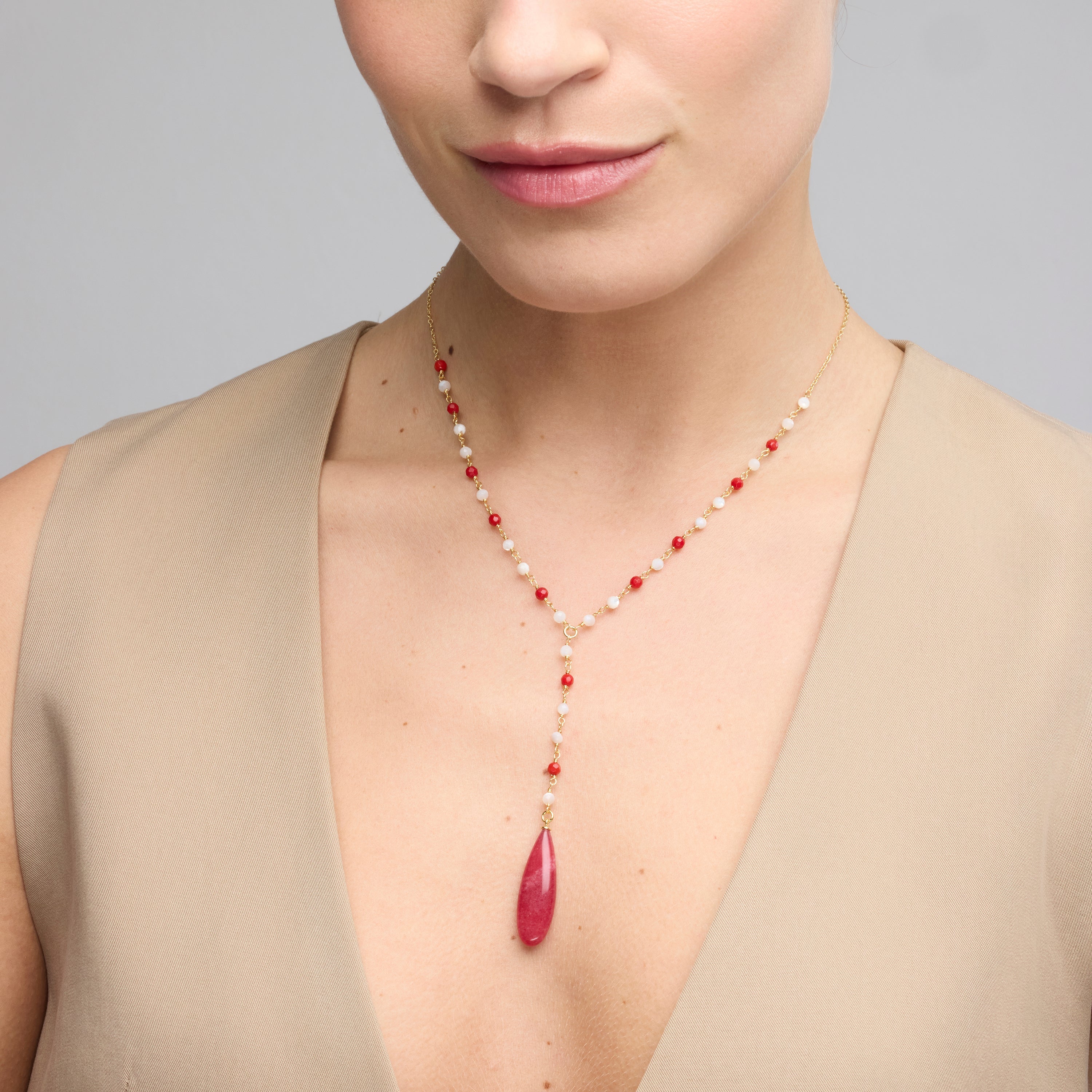925 Sterling Silver and Coral Necklace with 18k Yellow Gold Finish - Kavi