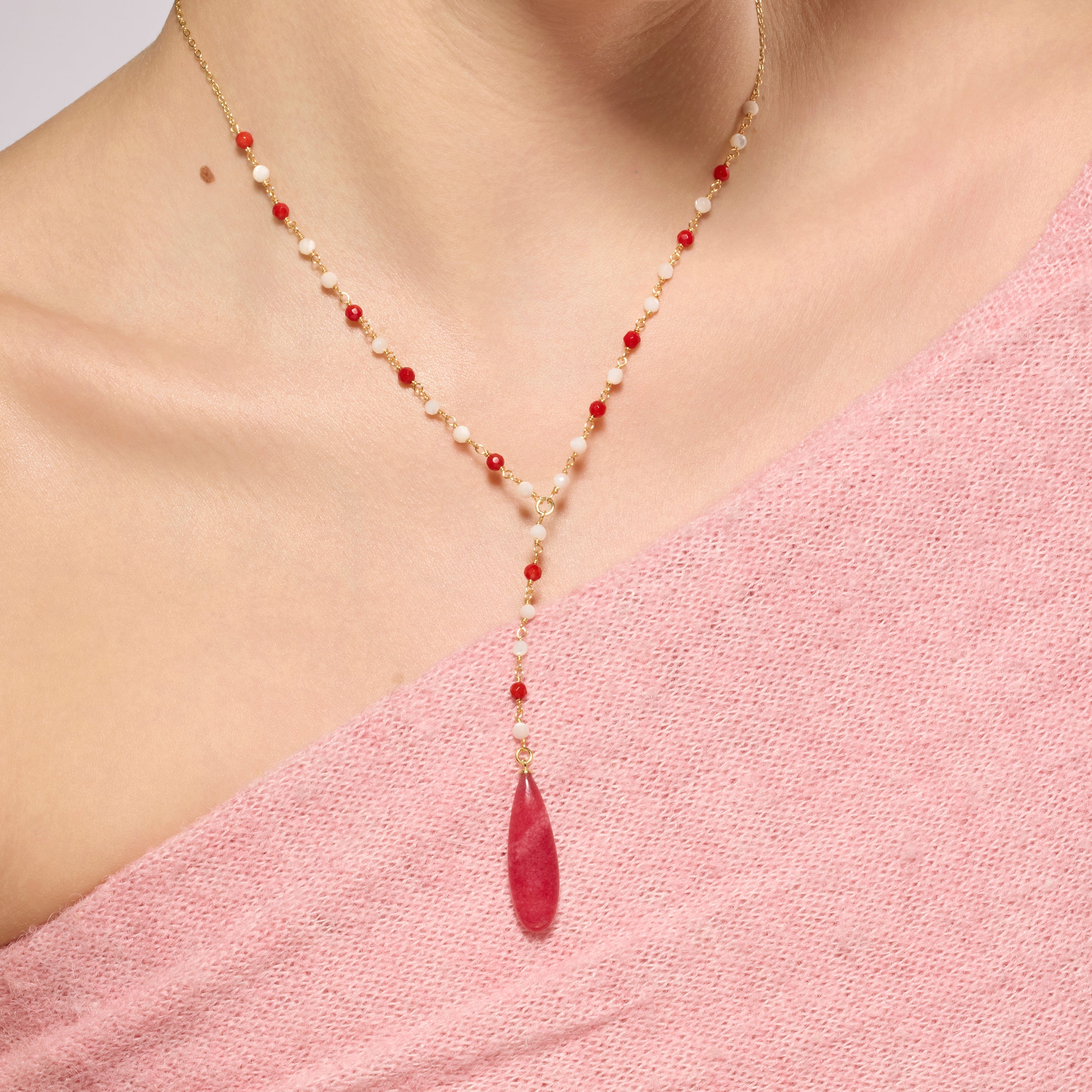 925 Sterling Silver and Coral Necklace with 18k Yellow Gold Finish - Kavi