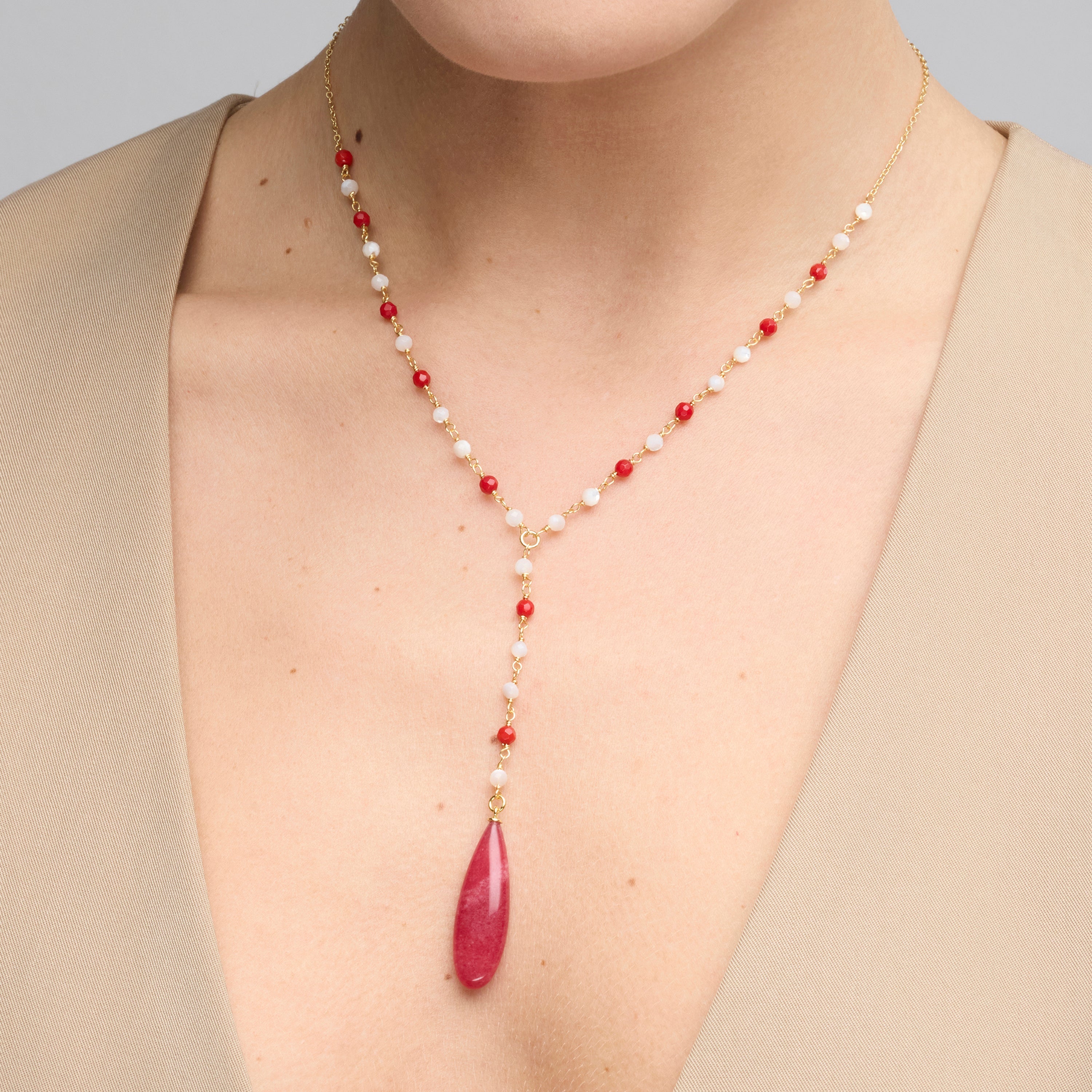925 Sterling Silver and Coral Necklace with 18k Yellow Gold Finish - Kavi