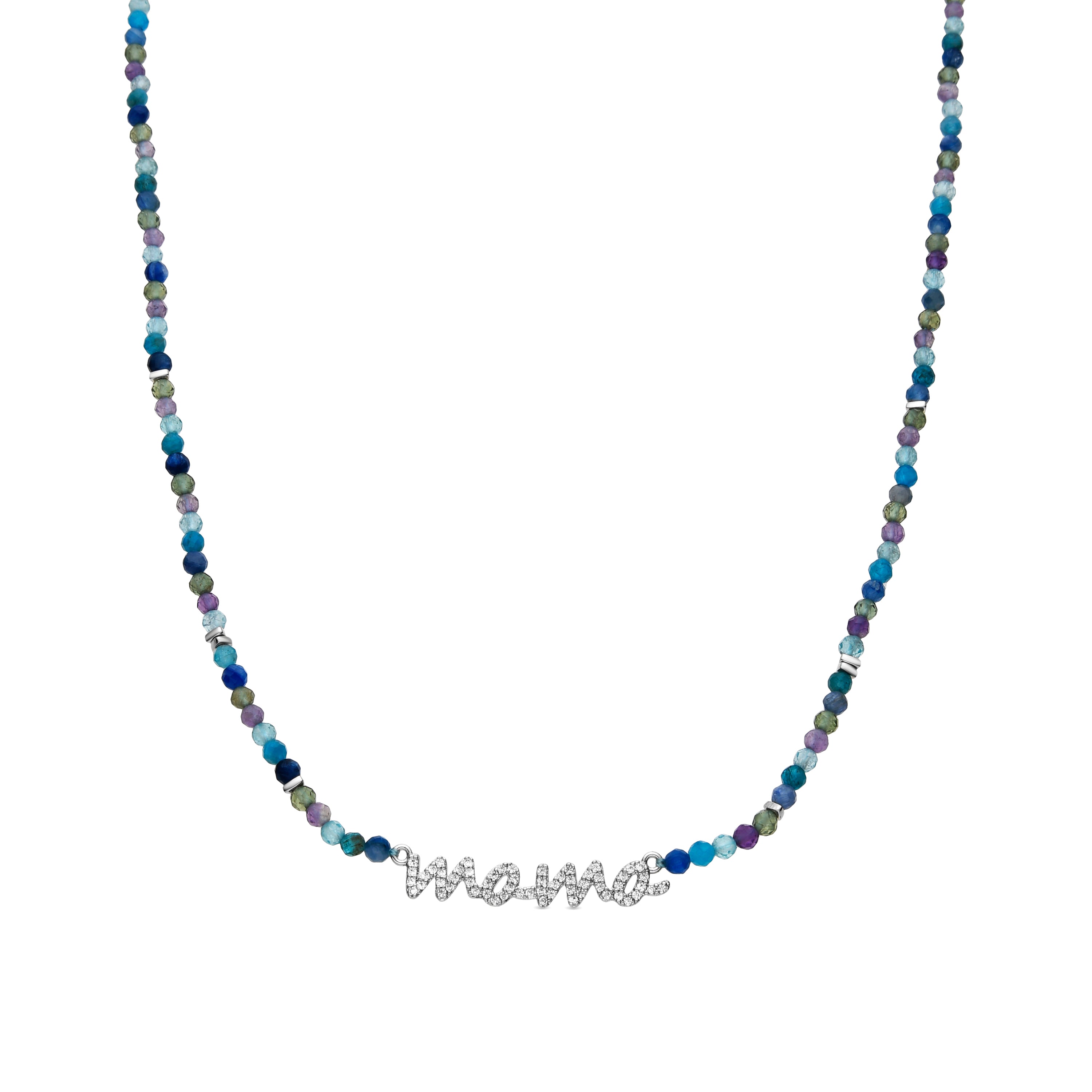 Colar em Prata de Lei 925 e Cristal Azul Escuro com acabamento em ródio - Mãe