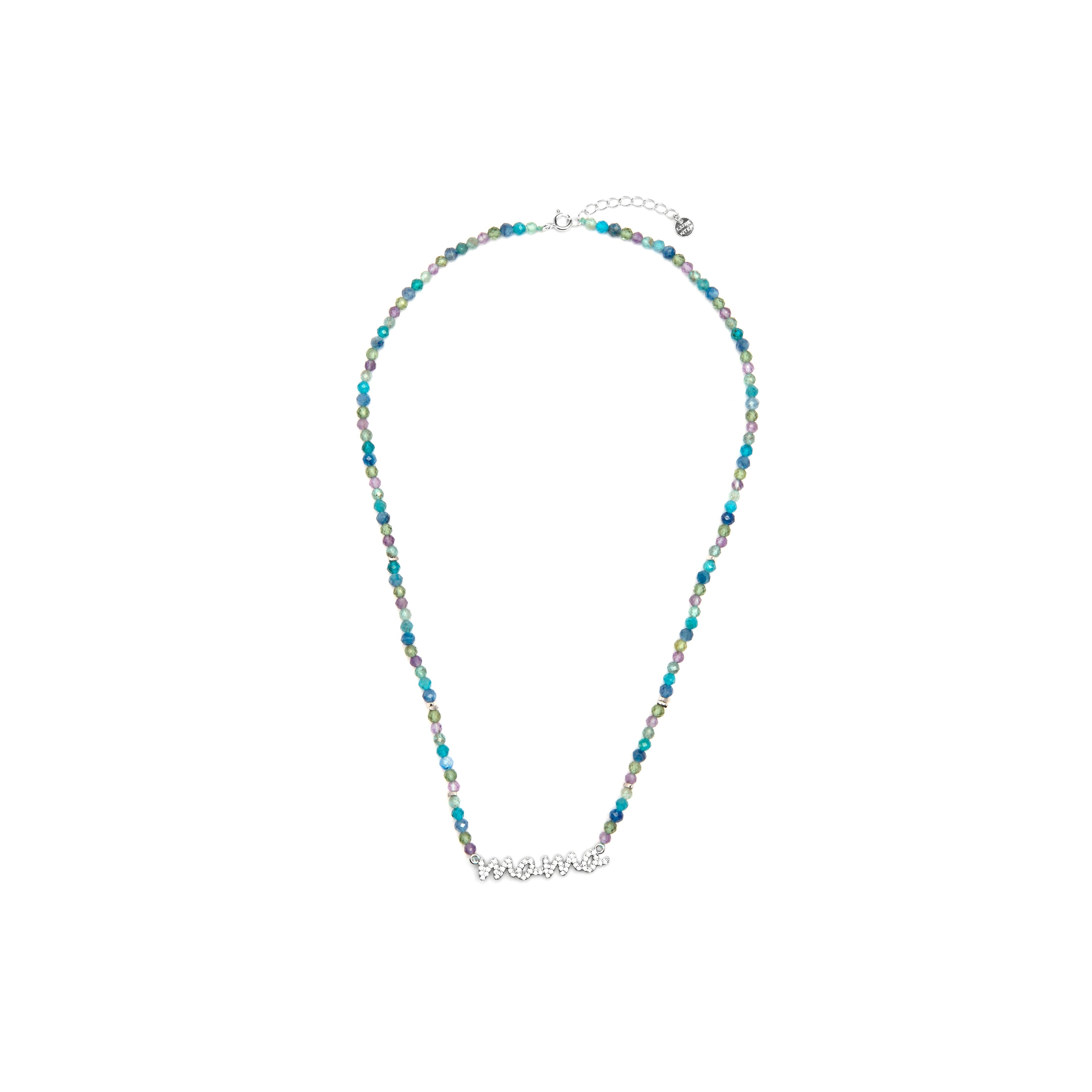 Colar em Prata de Lei 925 e Cristal Azul Escuro com acabamento em ródio - Mãe
