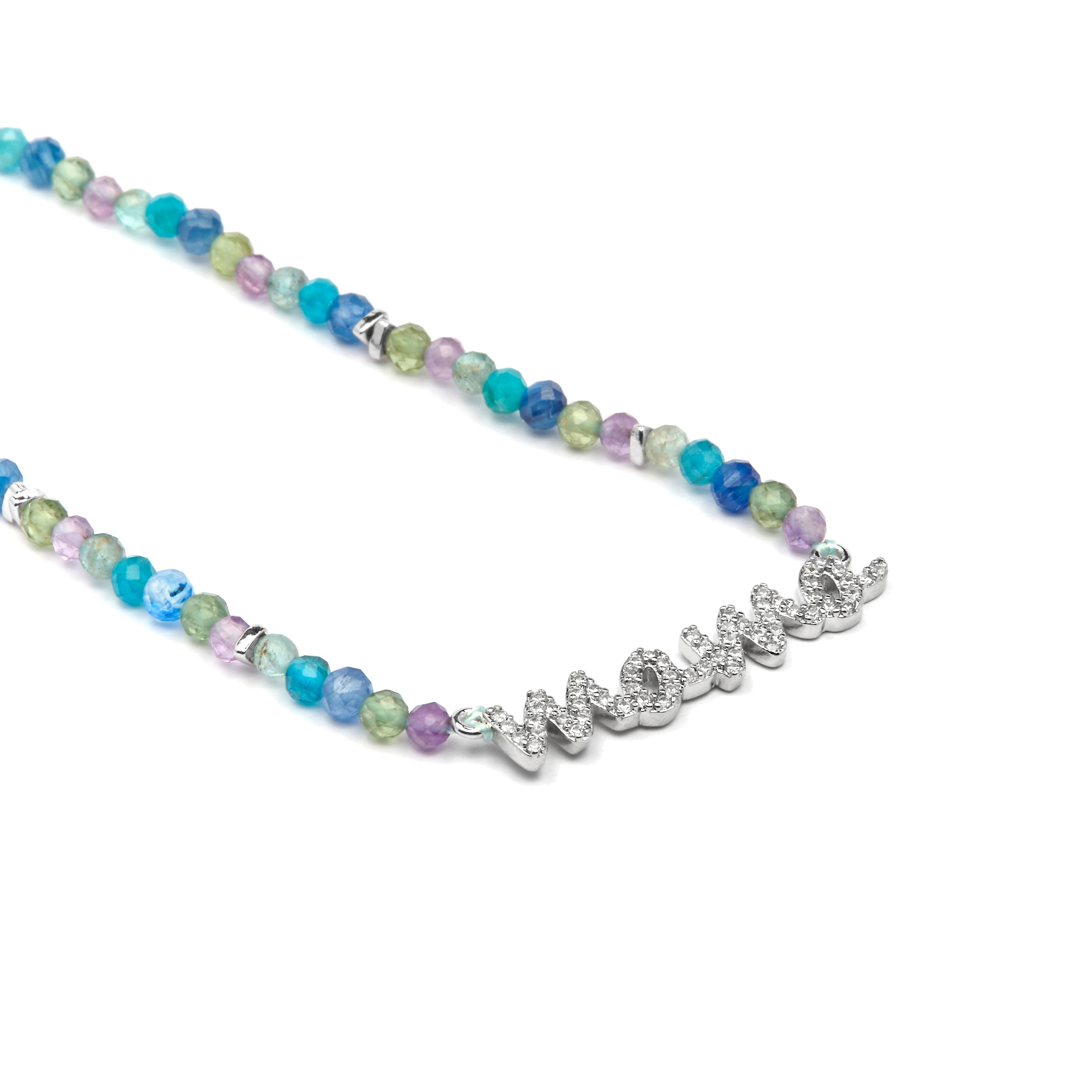 Colar em Prata de Lei 925 e Cristal Azul Escuro com acabamento em ródio - Mãe