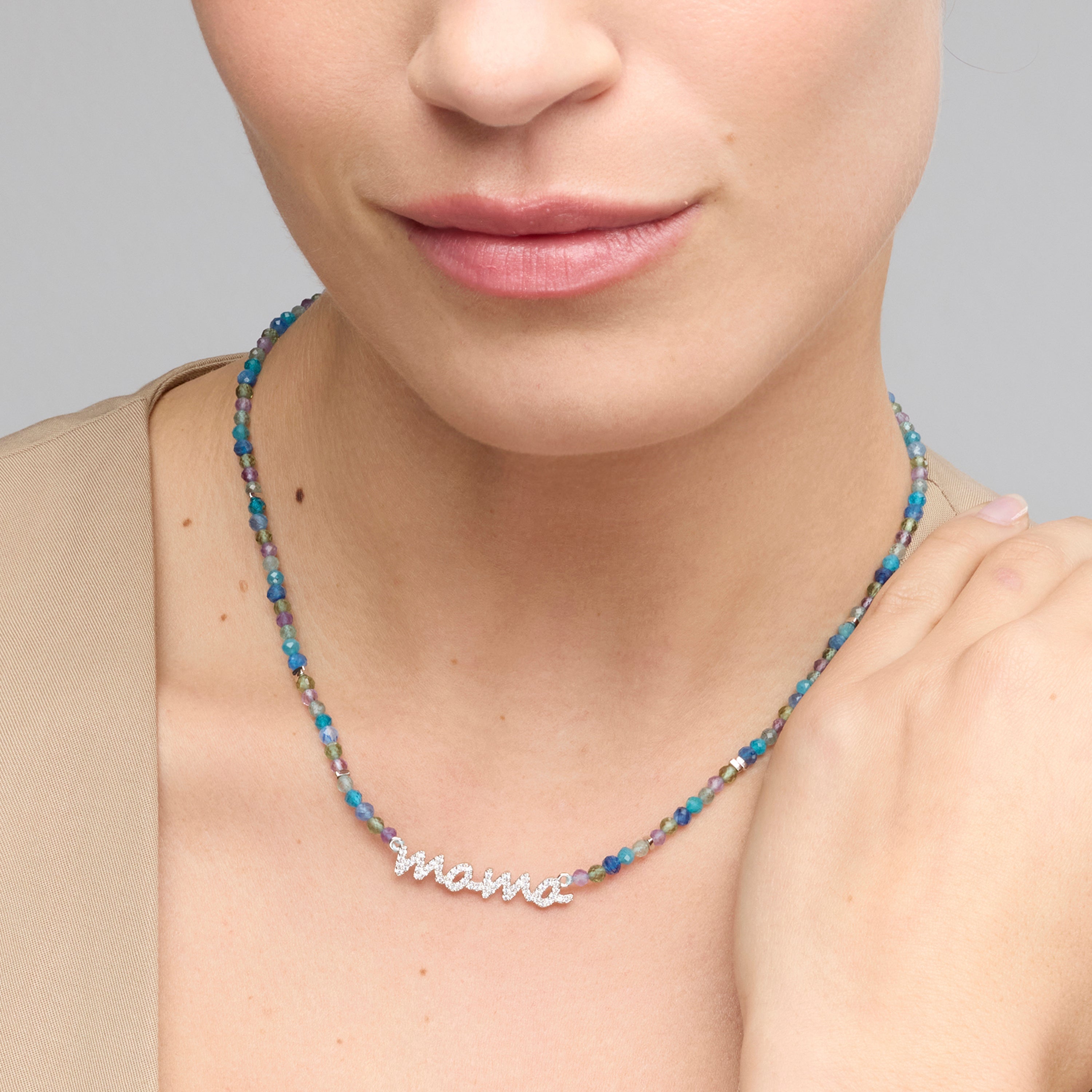 Colar em Prata de Lei 925 e Cristal Azul Escuro com acabamento em ródio - Mãe