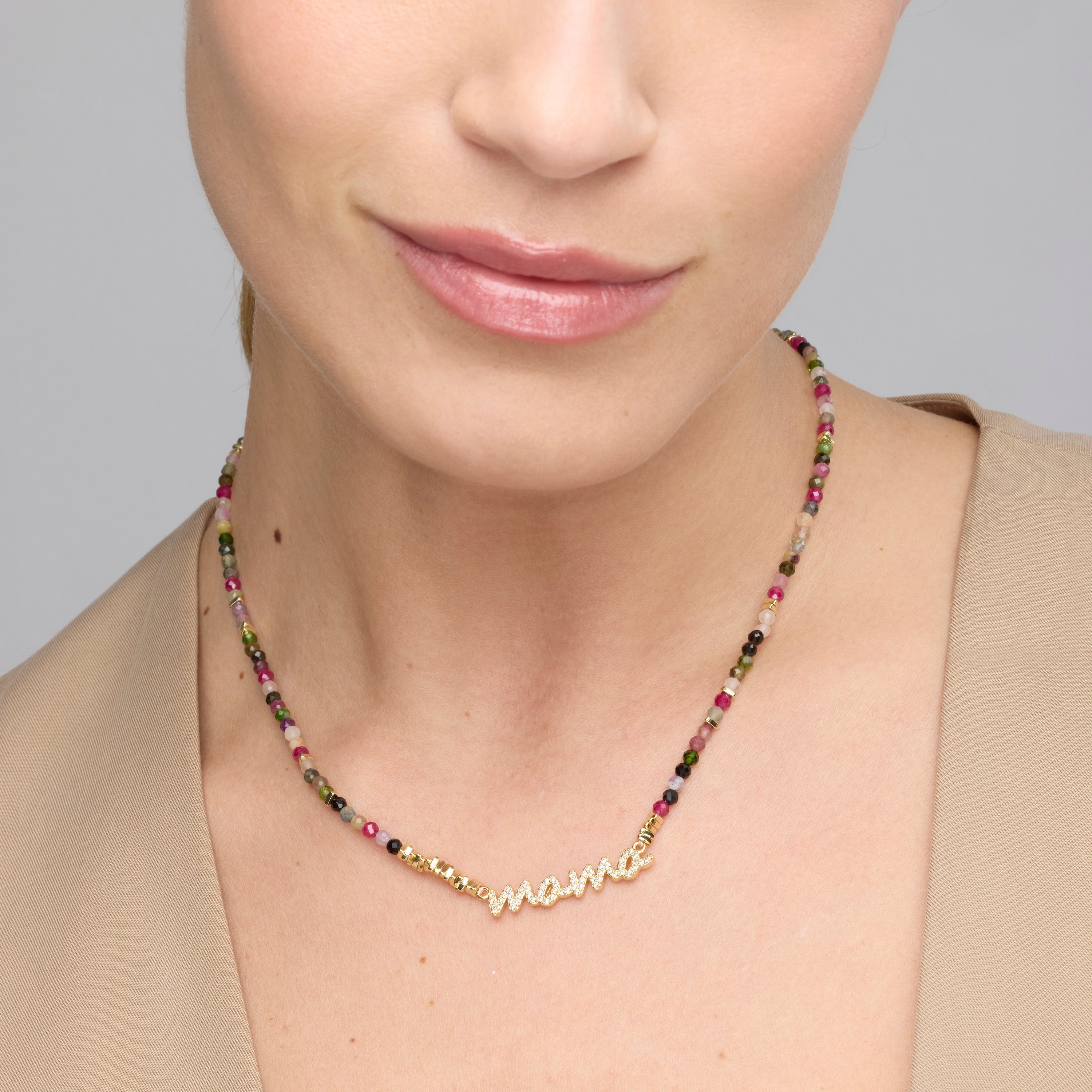 925 Sterling Silver and Multicolor Tourmaline Necklace in 18k Yellow Gold Finish - Mama