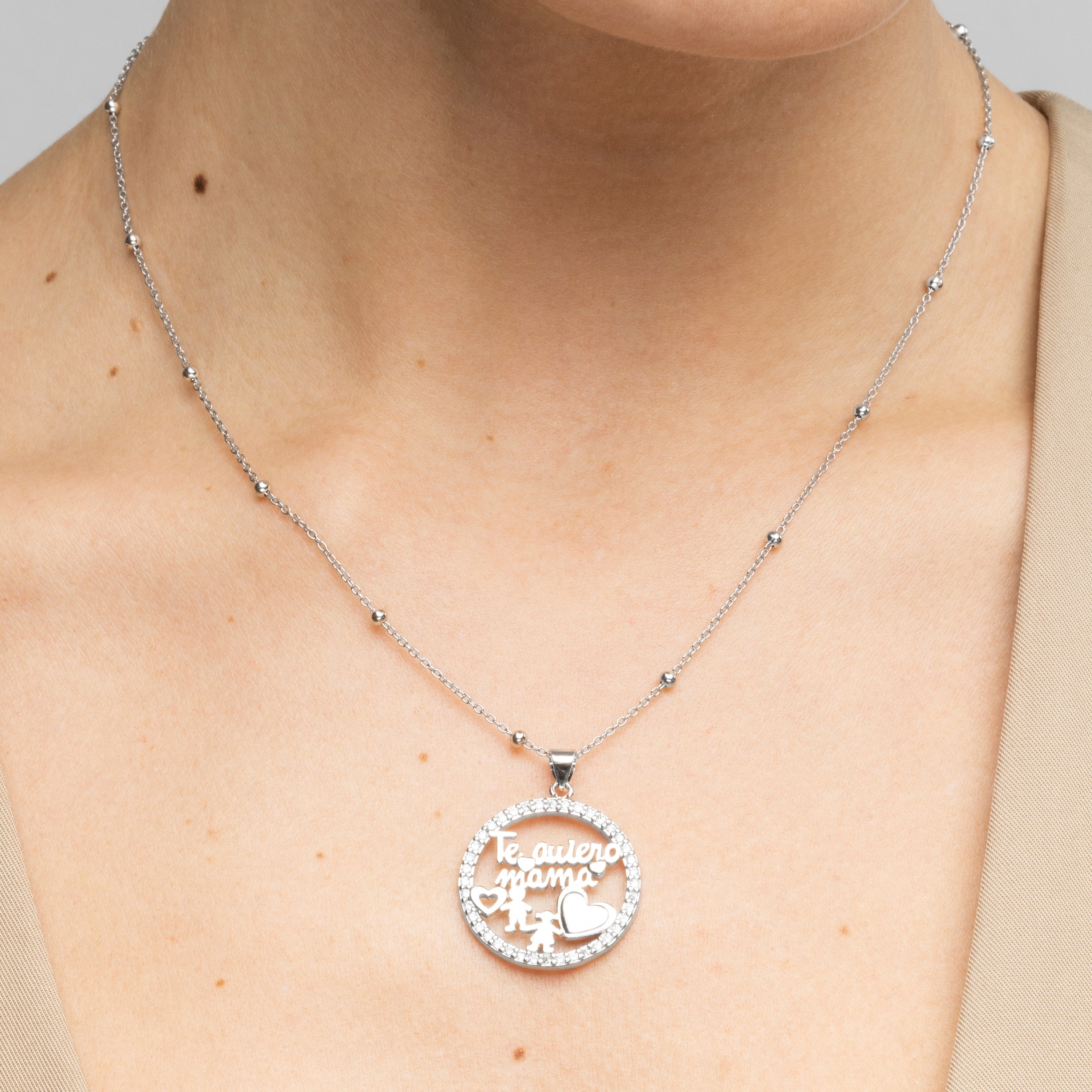 925 Sterling Silver and Brilliant Zirconia Necklace, Rhodium Finish - Mama