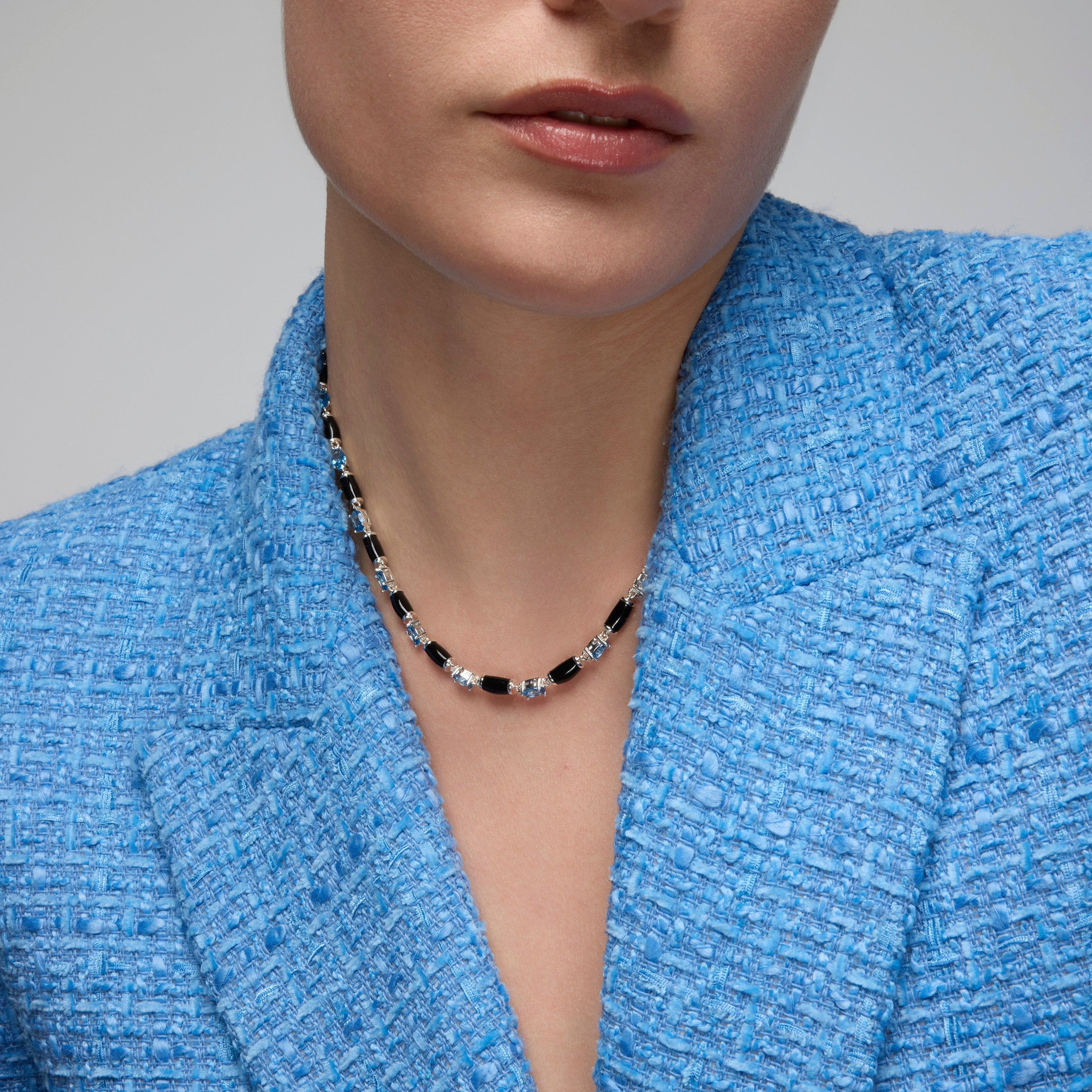 925 Sterling Silver and Blue Topaz Zirconia Necklace with Rhodium Finish - Tatui
