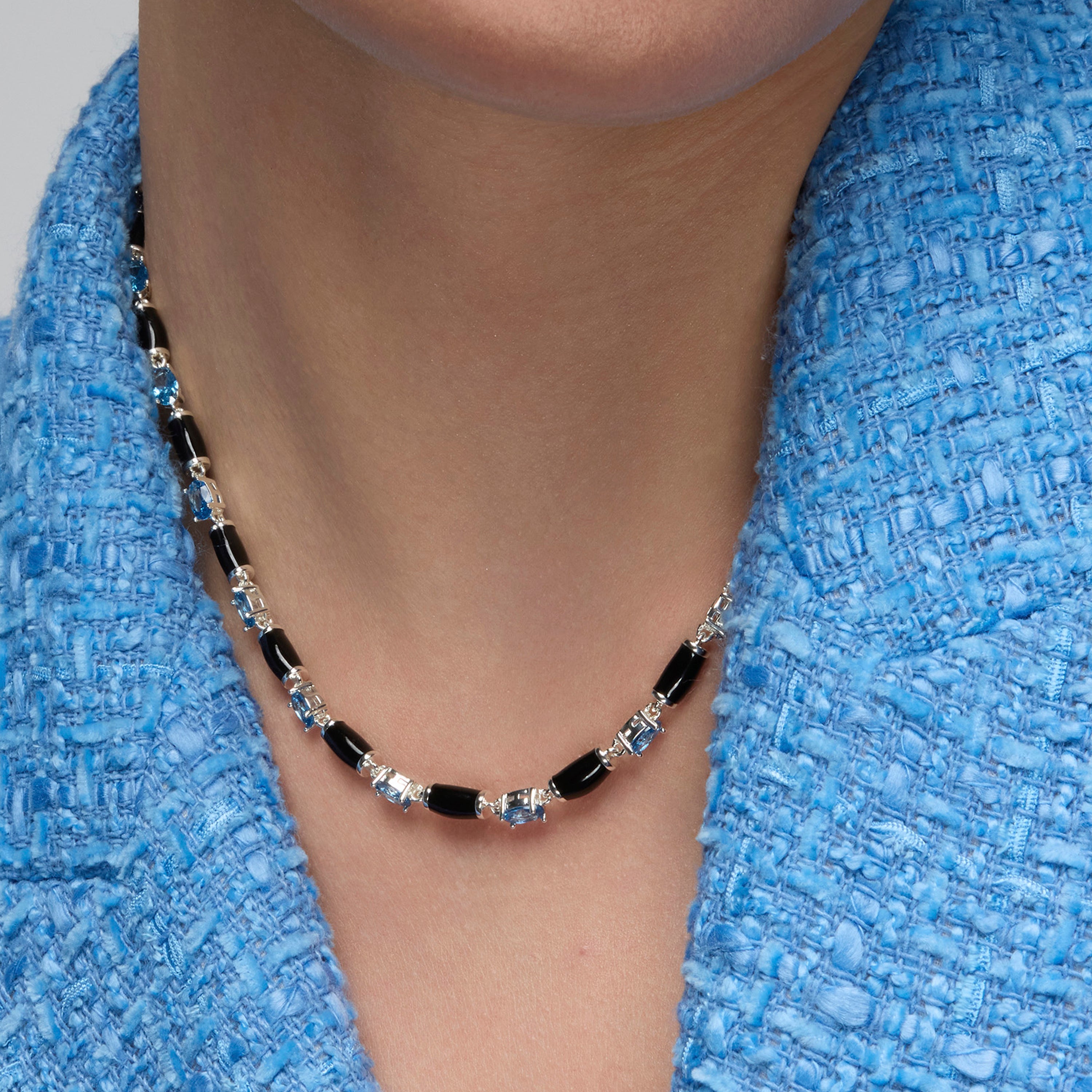 925 Sterling Silver and Blue Topaz Zirconia Necklace with Rhodium Finish - Tatui