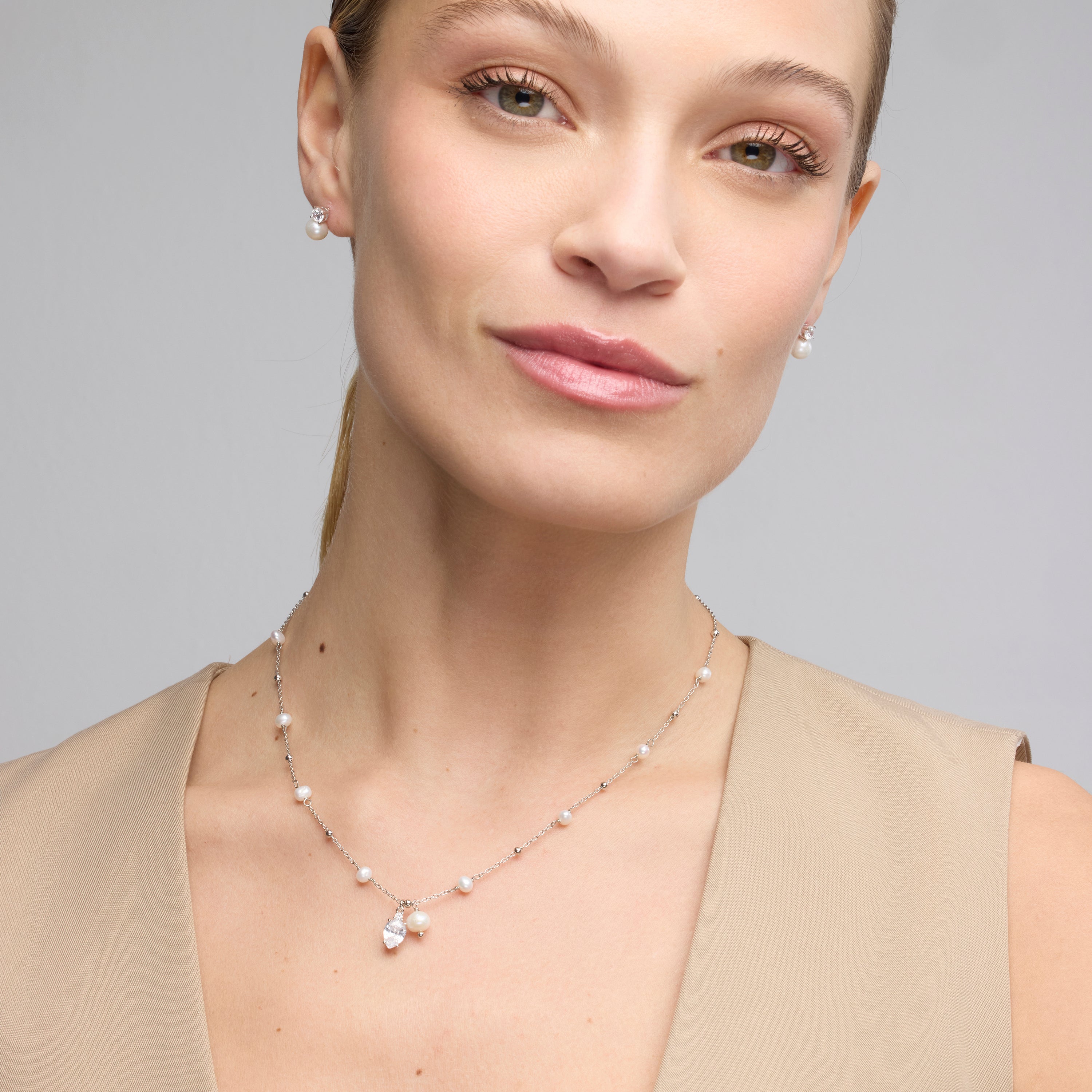 925 Sterling Silver and Brilliant Zirconia Necklace with Rhodium Finish - Lebao