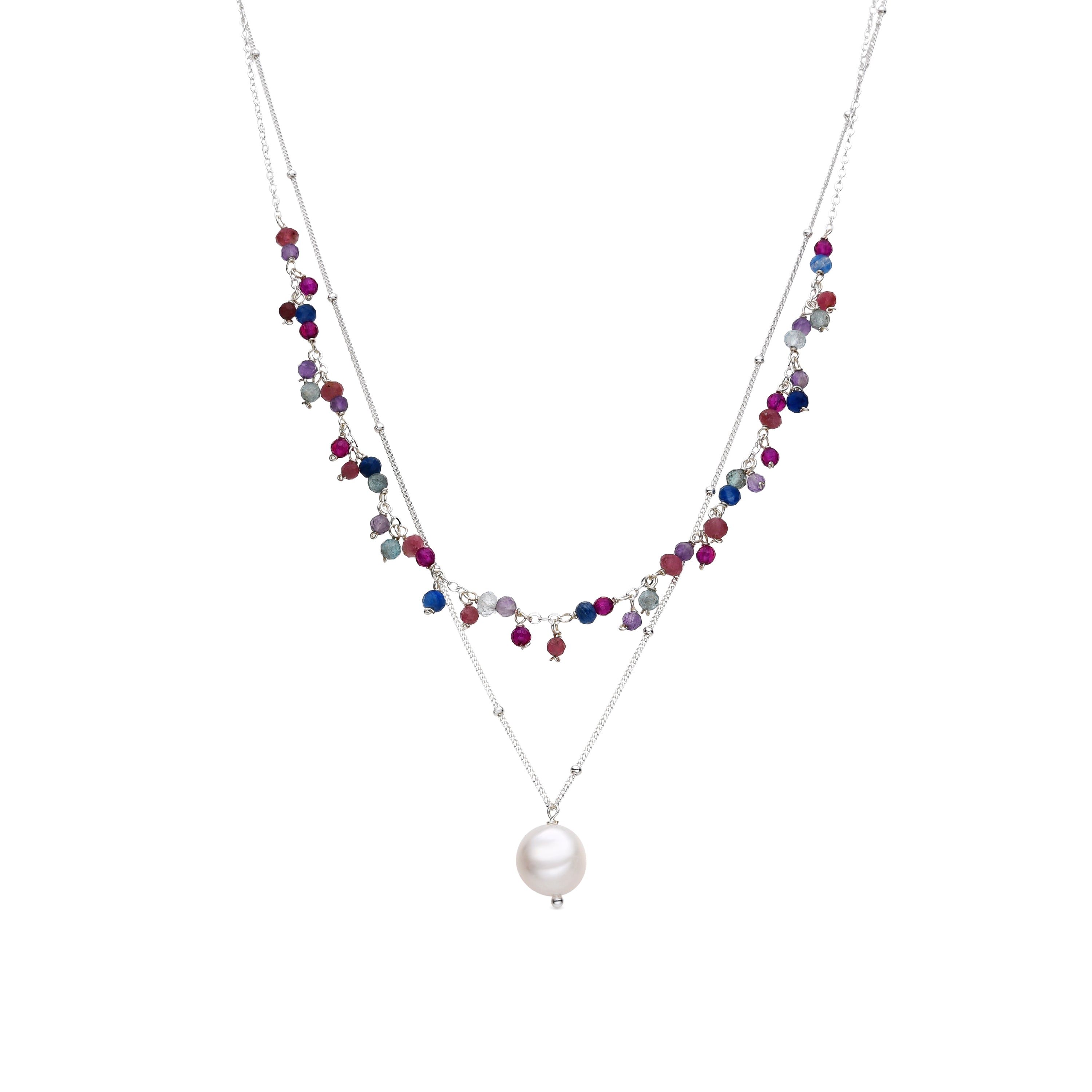925 Sterling Silver and Pink Crystal Necklace with Rhodium Finish - Colir