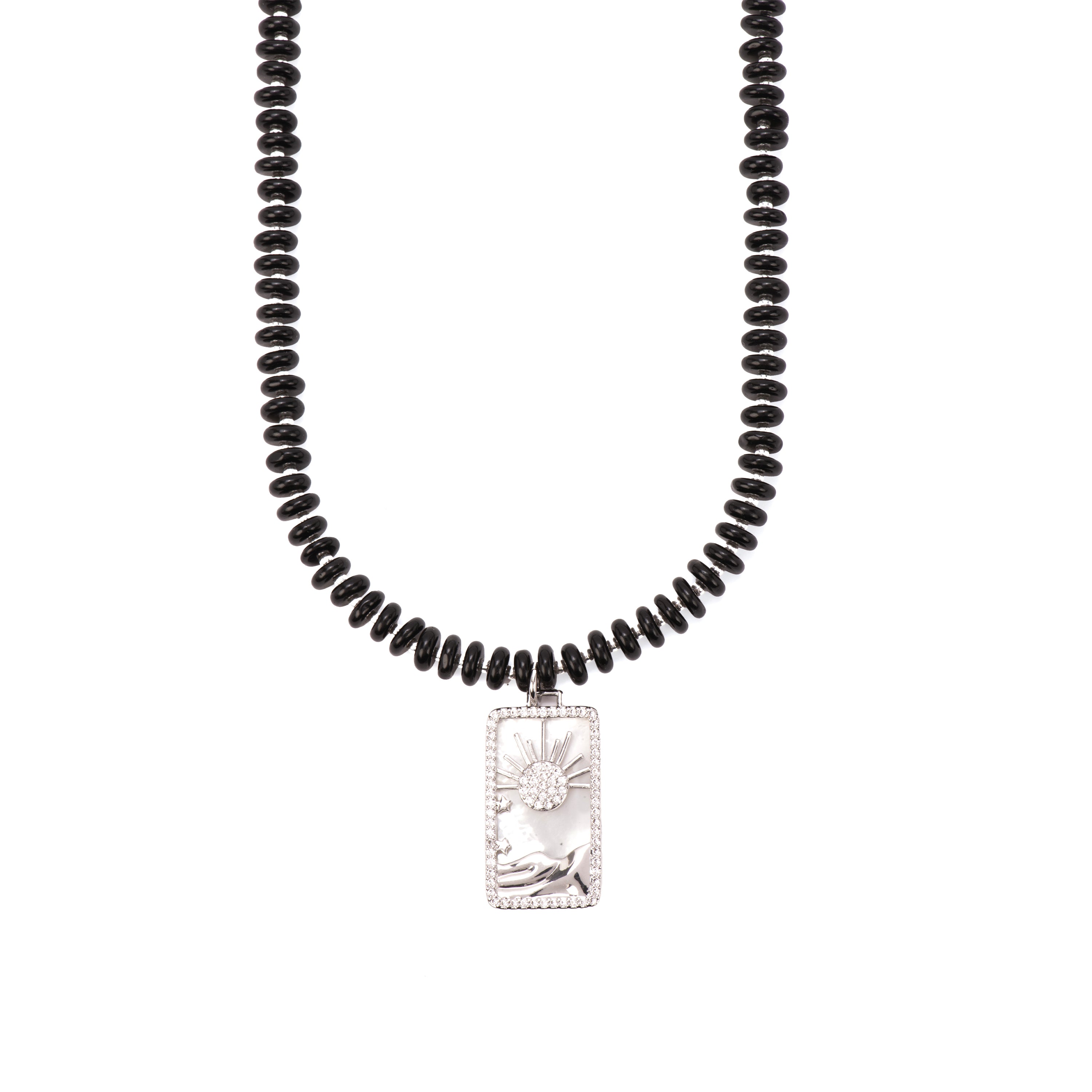 925 Sterling Silver and Black Agate Necklace with Rhodium Finish - Laha