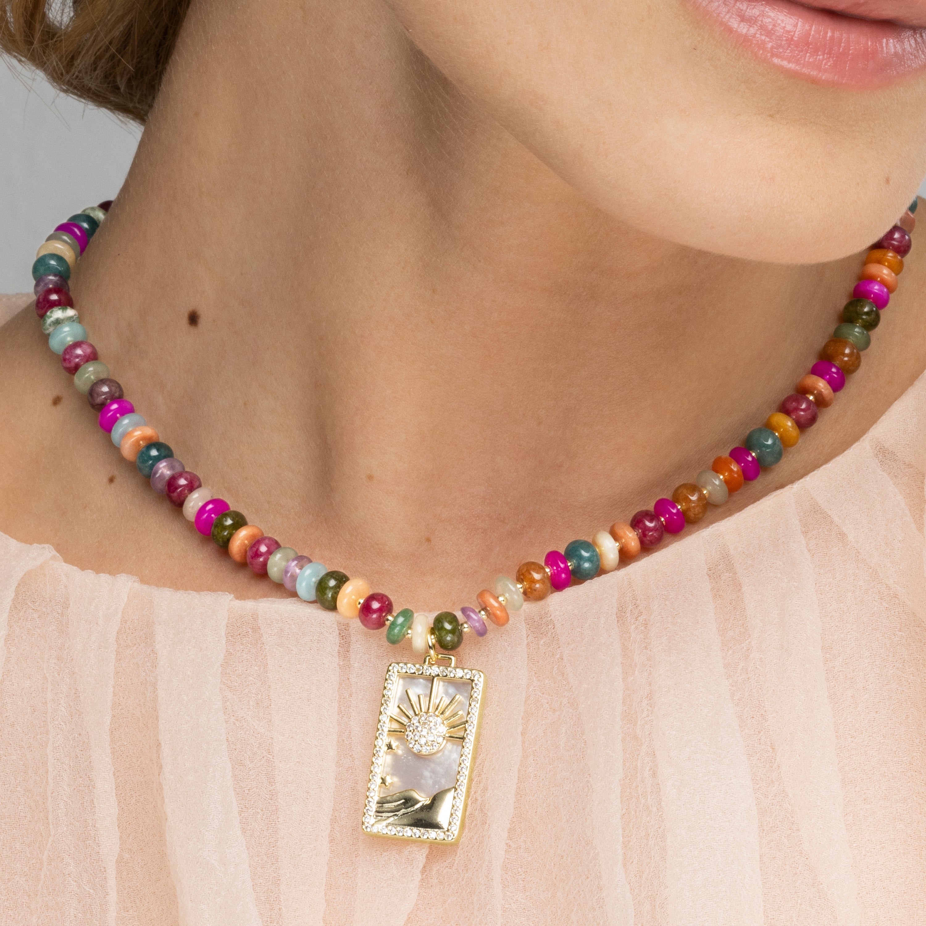 Collar de Plata de Ley 925 y Agata Multicolor acabado oro amarillo de 18k - Laha