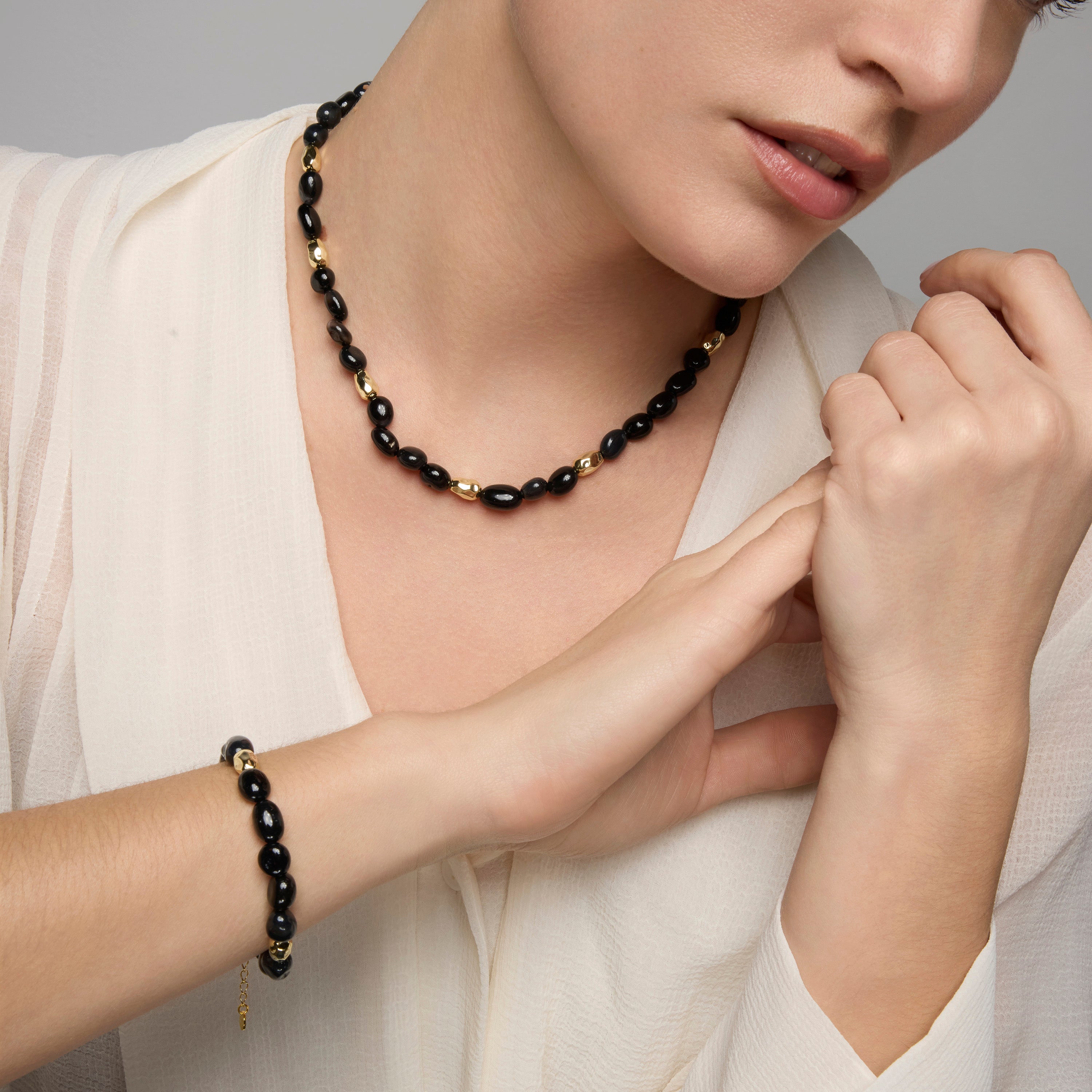 925 Sterling Silver and Black Agate Necklace with 18k Yellow Gold Finish - Melga