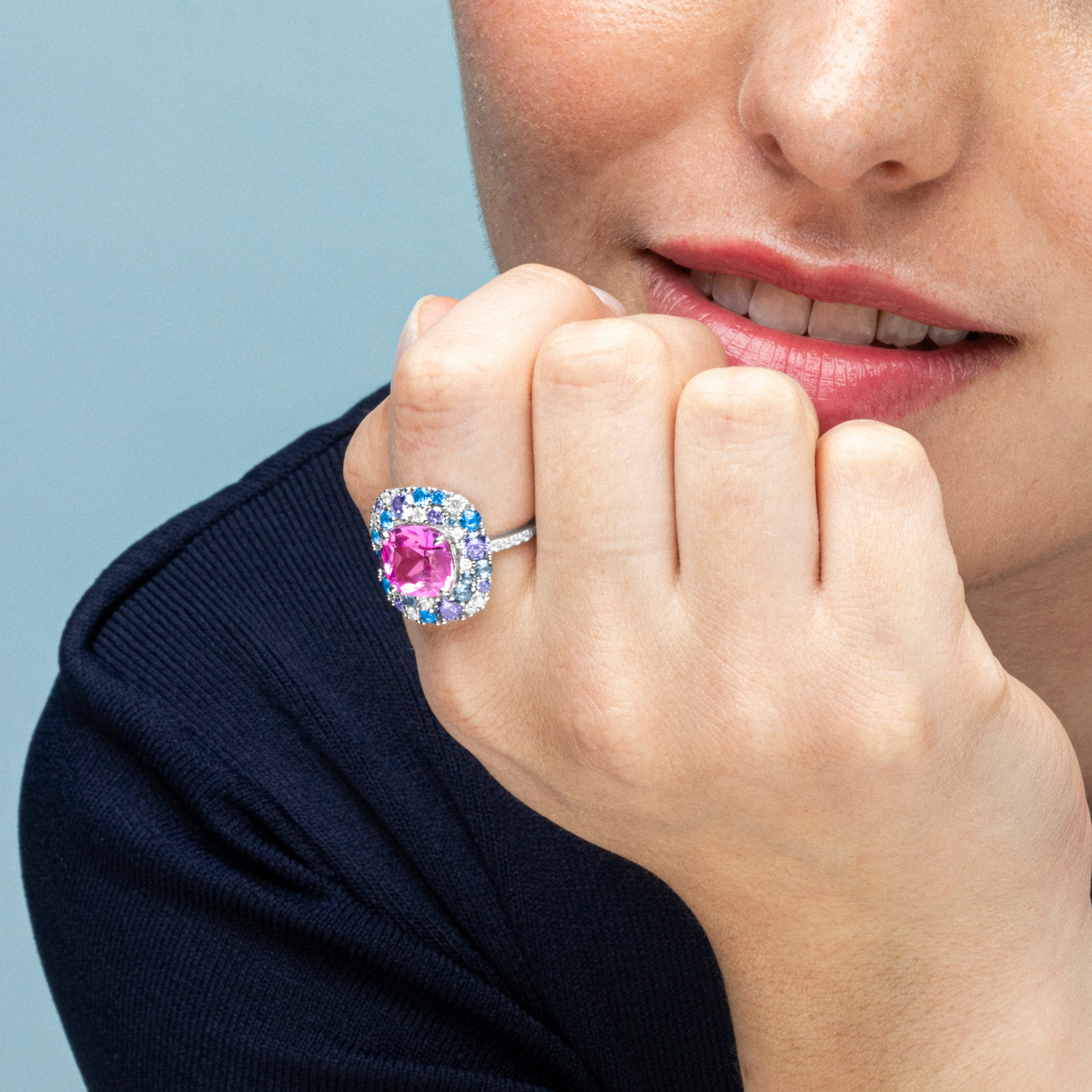 925 Sterling Silver and Multicolor Zirconia Ring with Rhodium Finish - Uxre
