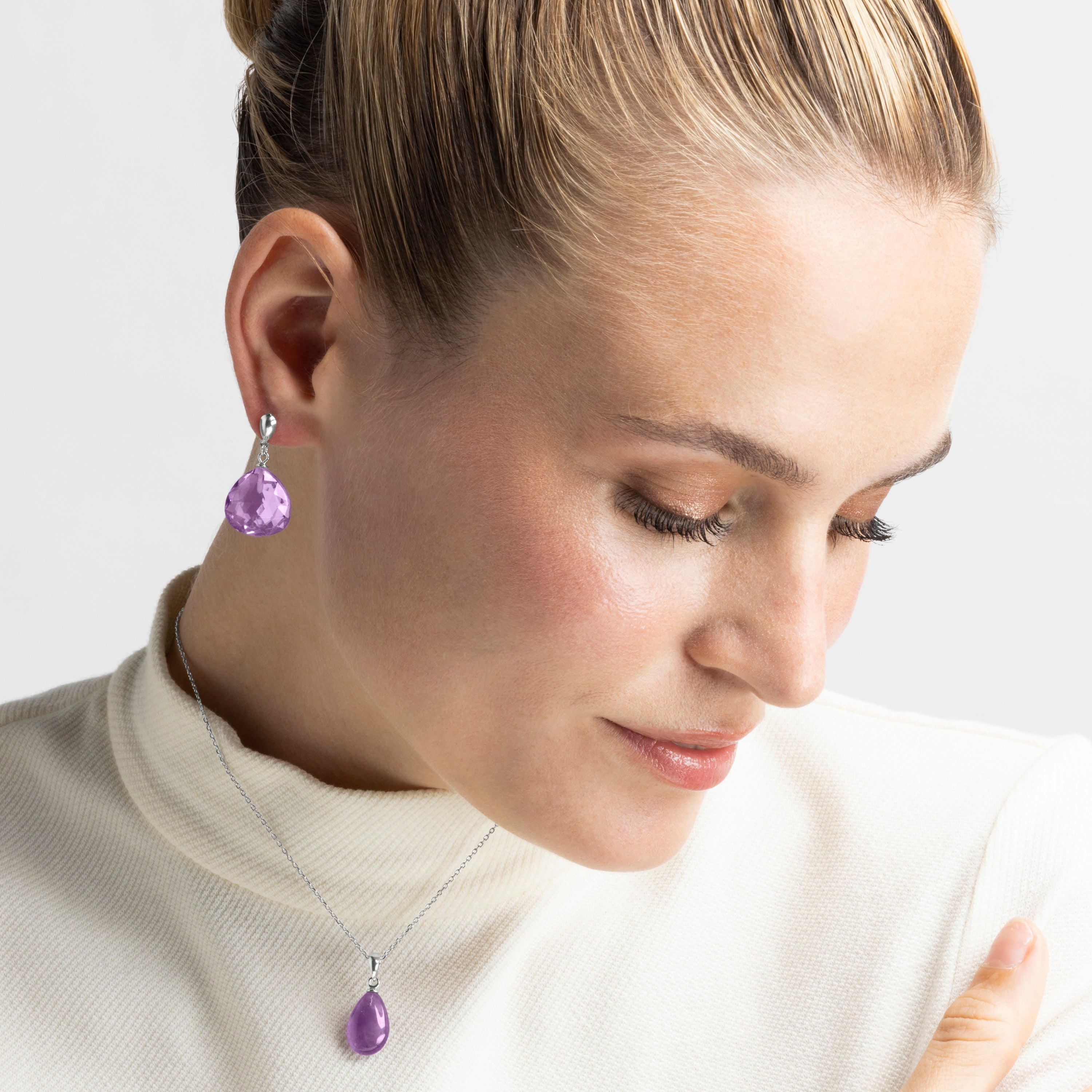 925 Sterling Silver Necklace with Natural Amethyst in Rhodium Finish - Drop