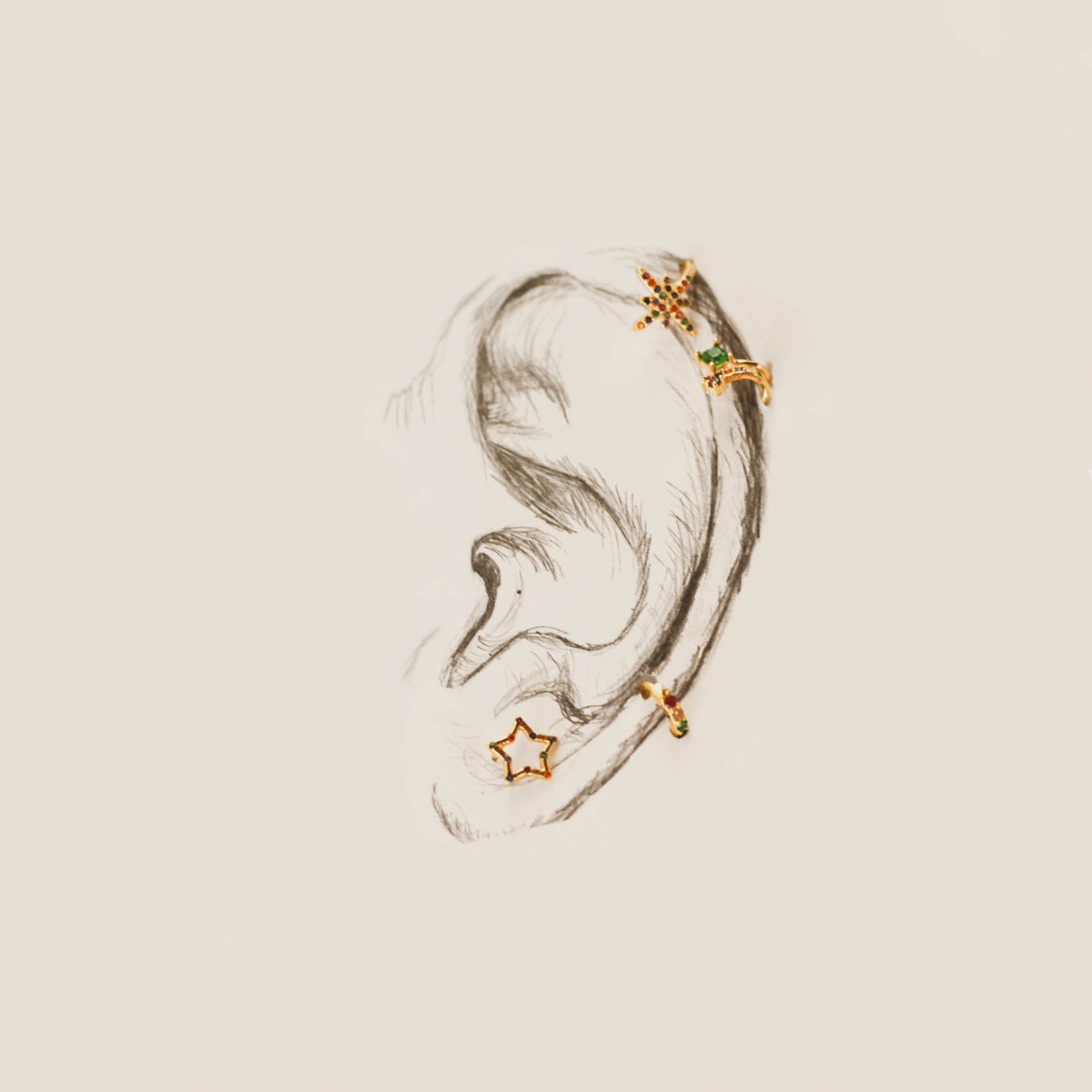 925 Sterling Silver Piercing with Multicolor Zirconia Finished in 18K Yellow Gold - Habku