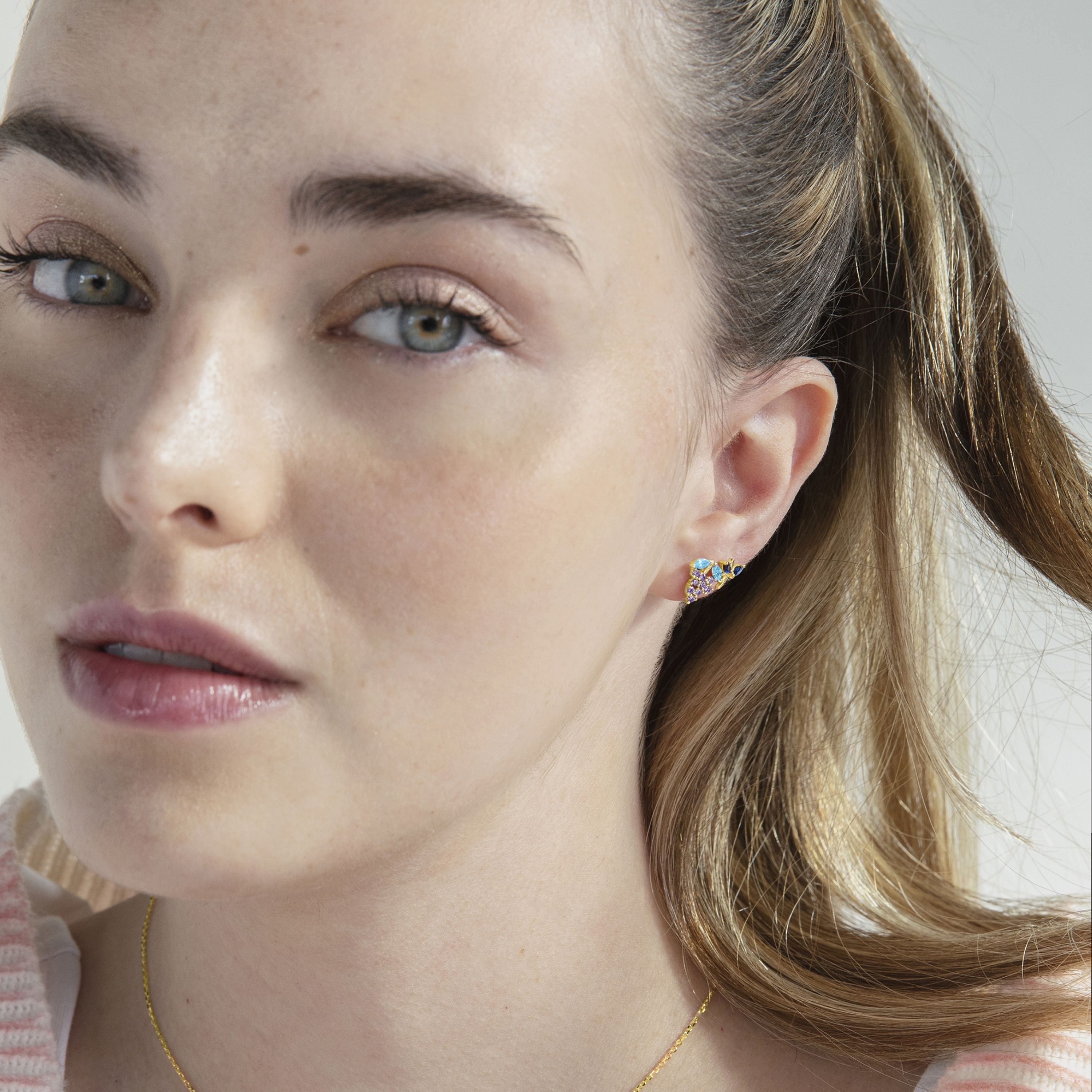 925 Sterling Silver Piercing with Multicolor Zirconia Finished in 18K Yellow Gold - Khainy