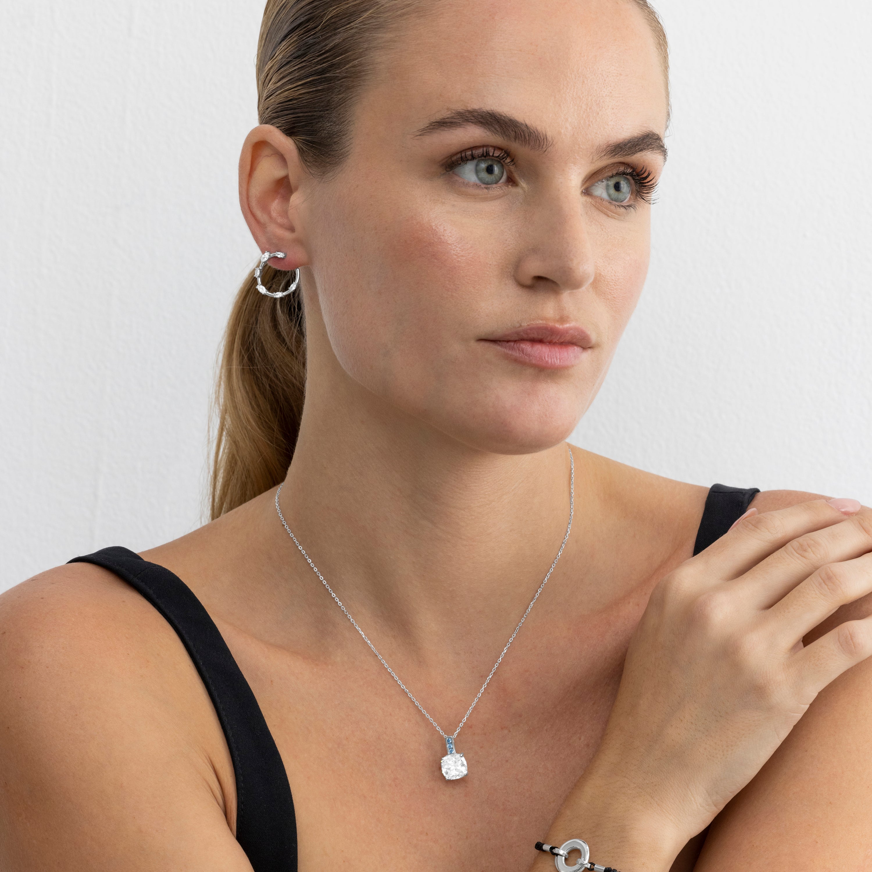 925 Sterling Silver and Aquamarine Zirconia Necklace with Rhodium Finish - Xephass