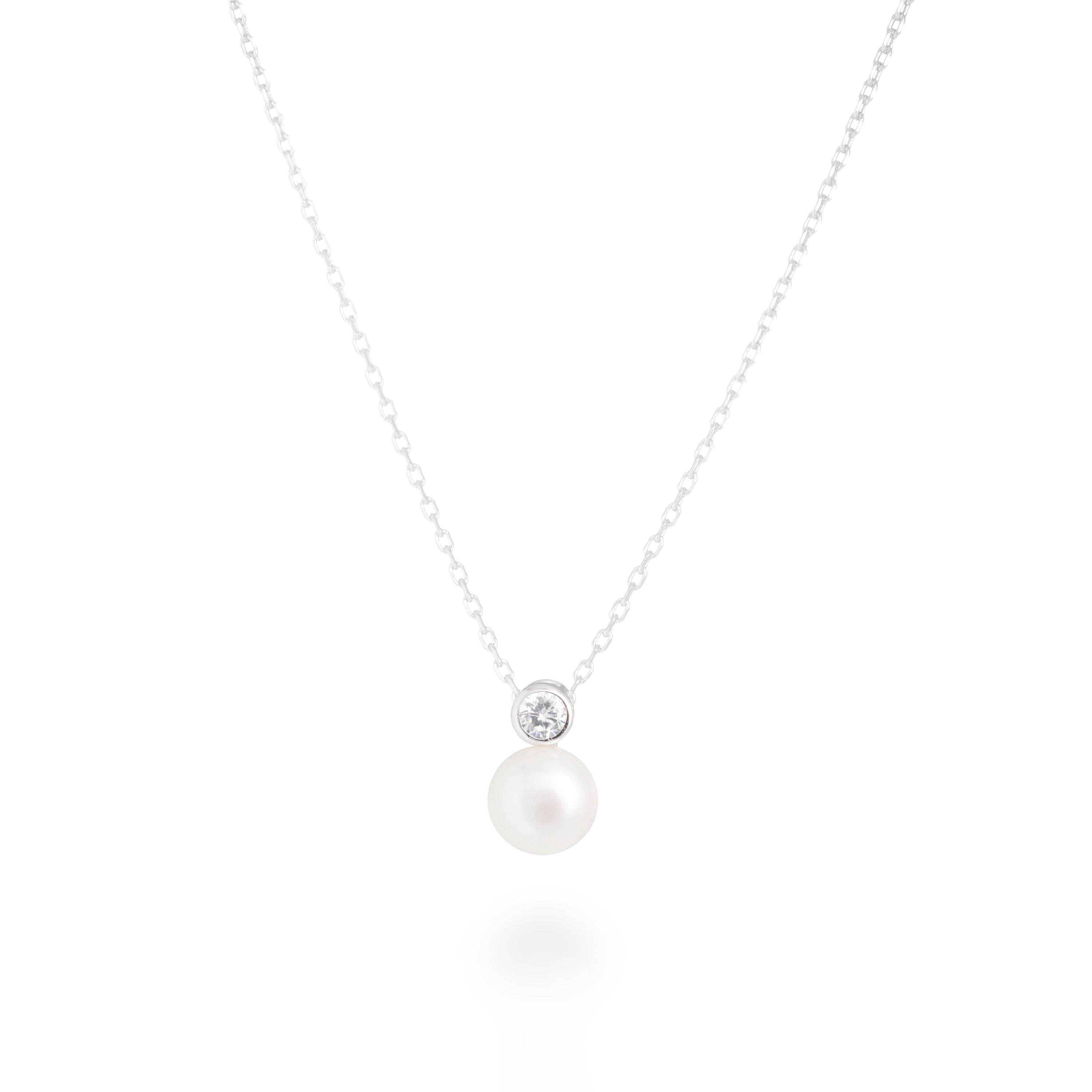 925 Sterling Silver Necklace with White Pearl, Rhodium Finish - Essential