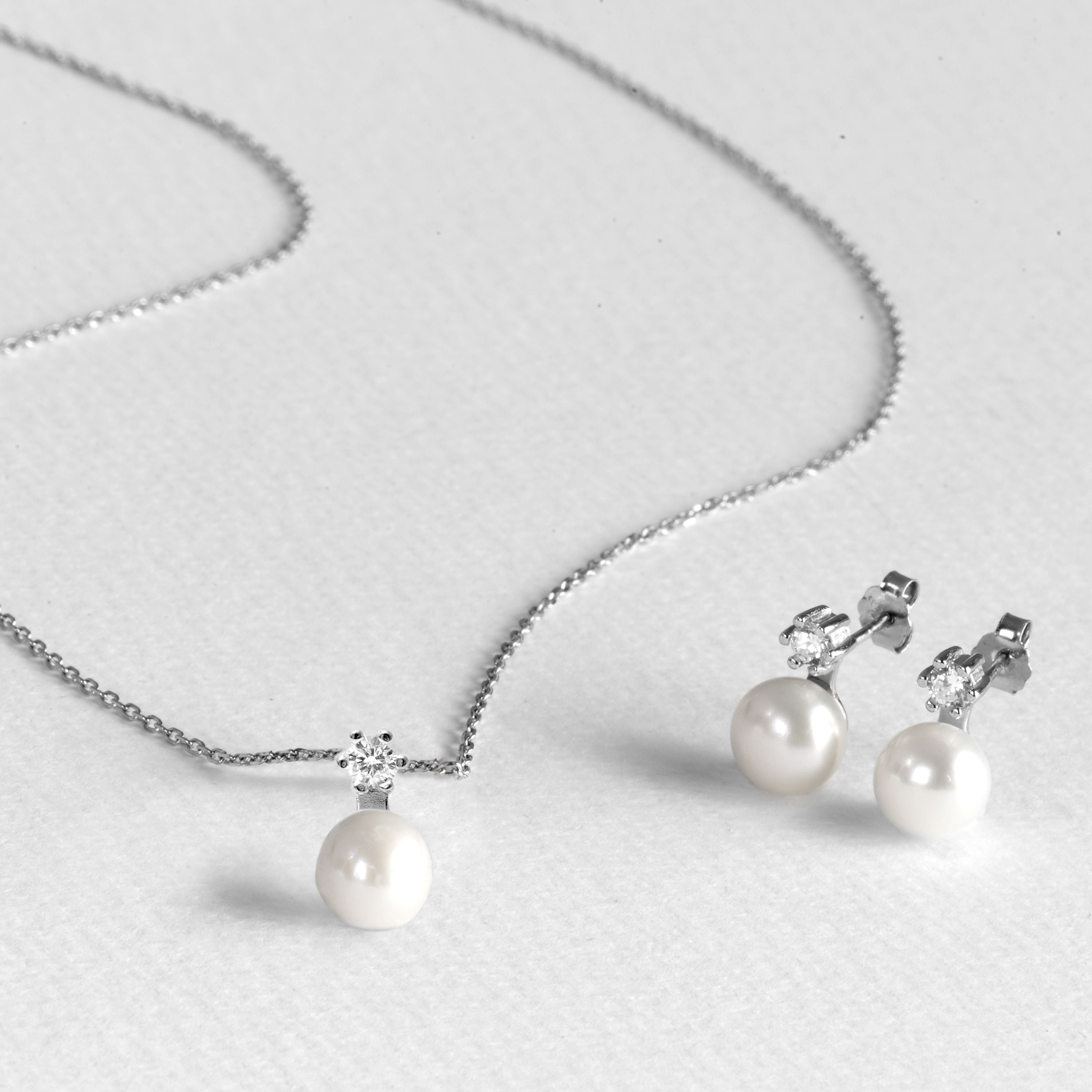 925 Sterling Silver Sets with White Pearl, Rhodium Finish - Essential