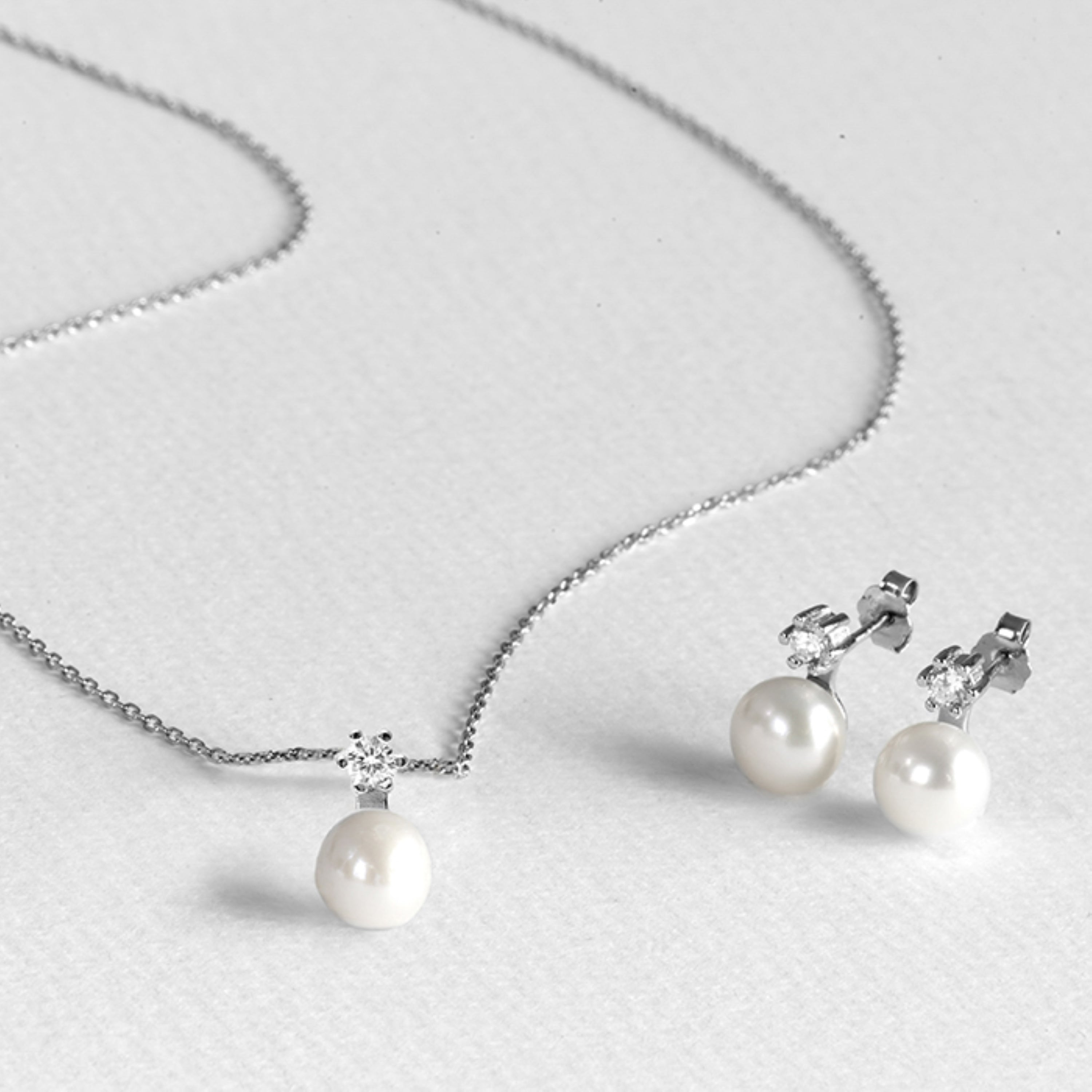 925 Sterling Silver Sets with White Pearl, Rhodium Finish - Essential