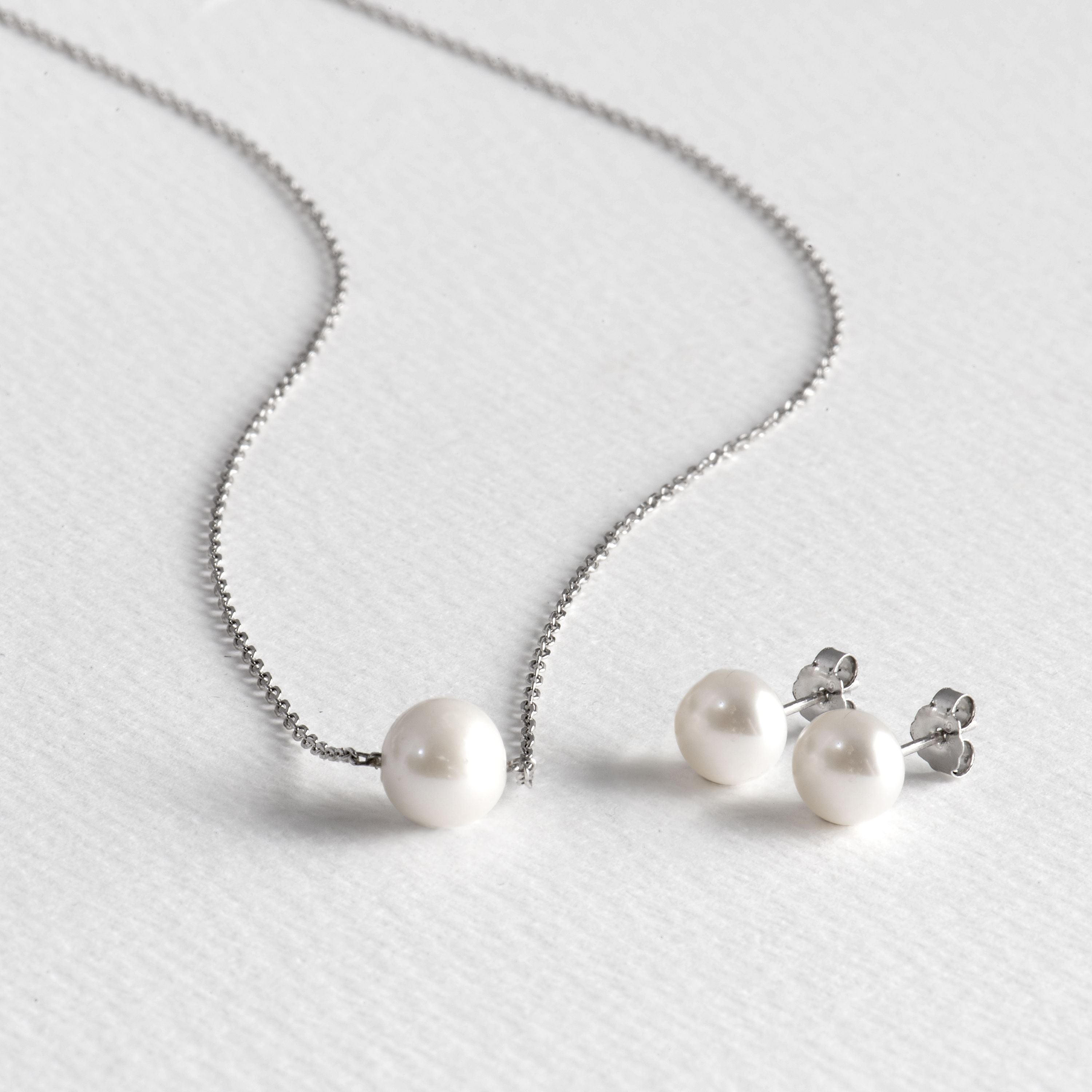 925 Sterling Silver Sets with White Pearl, Rhodium Finish - Basic
