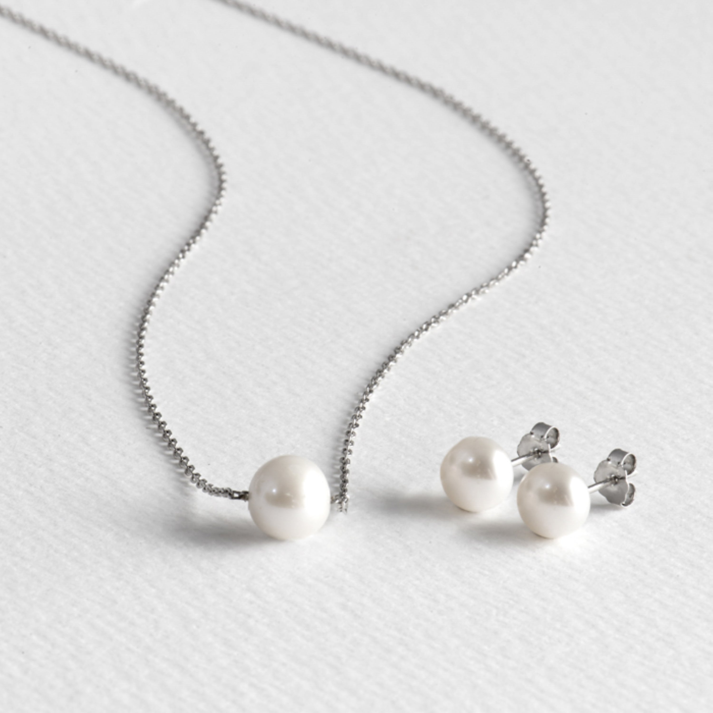 925 Sterling Silver Sets with White Pearl, Rhodium Finish - Basic