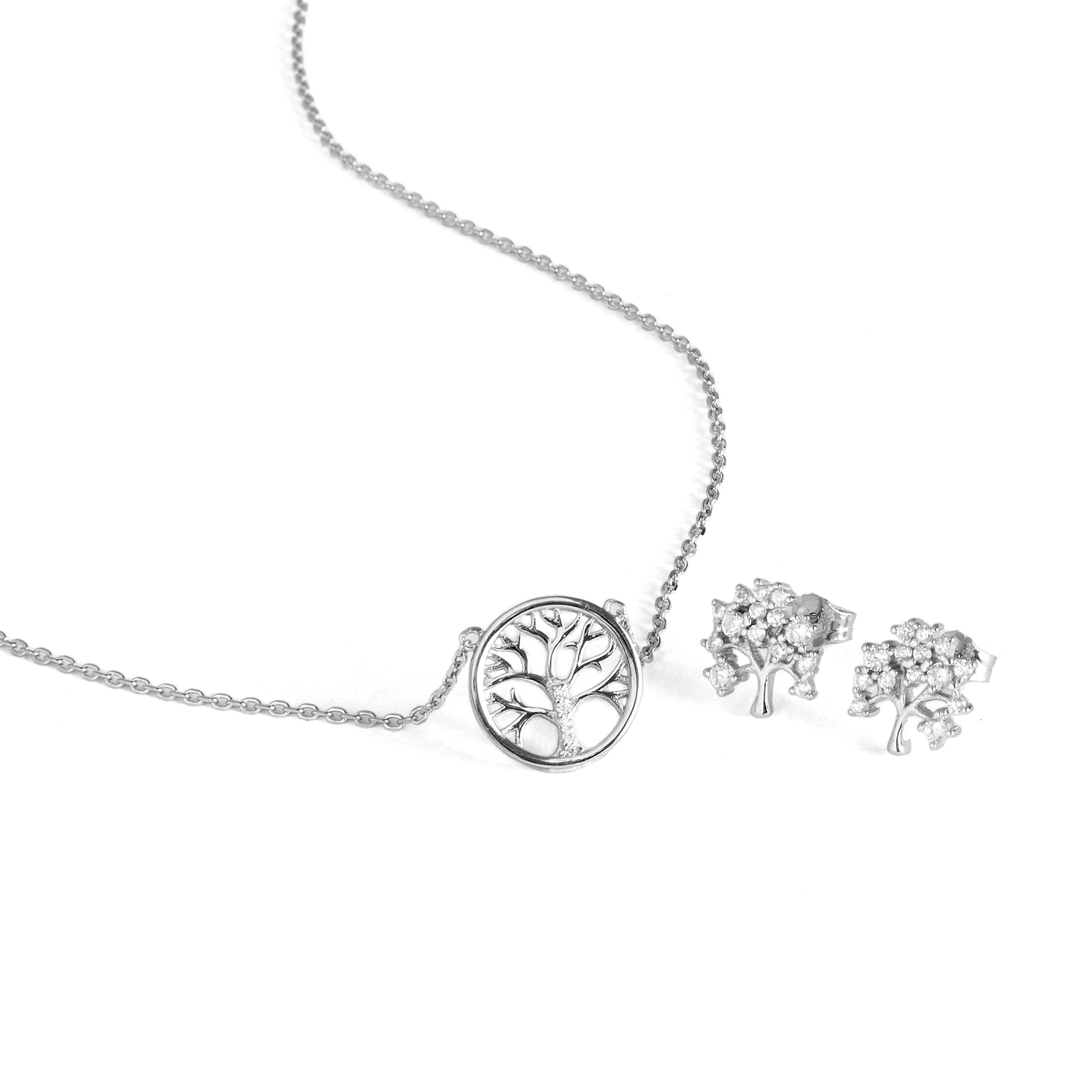 925 Sterling Silver Sets with Rhodium-Finished Brilliant Zirconia - Tree of Life