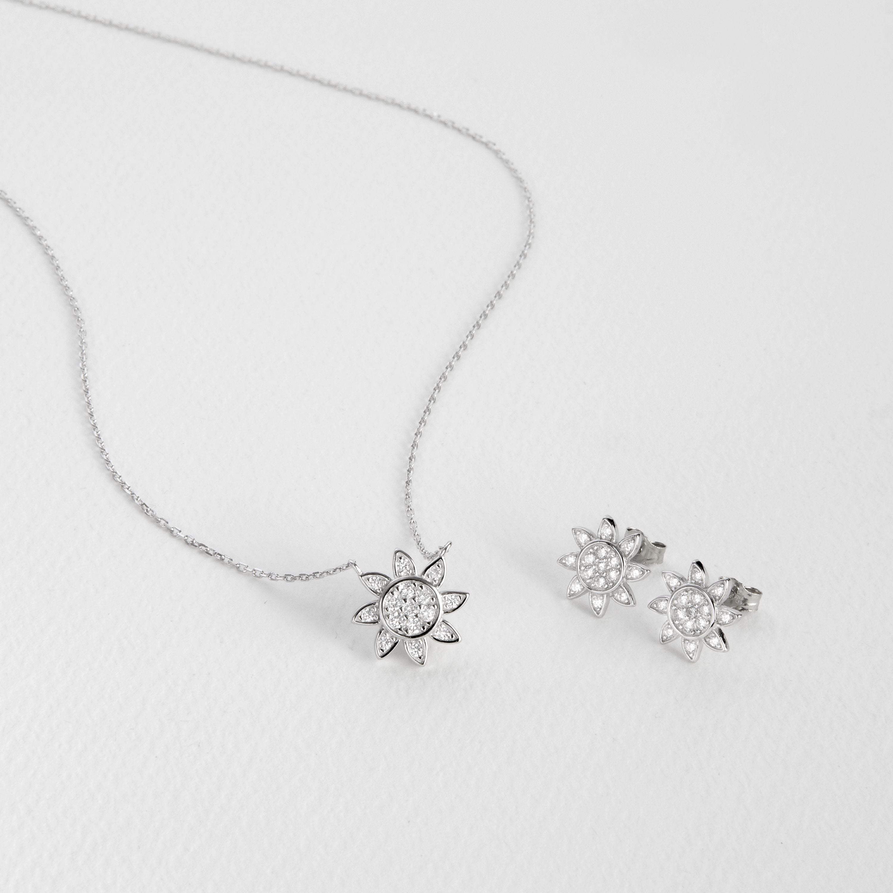 925 Sterling Silver Sets with Brilliant Zirconia, Rhodium Finish - Sun
