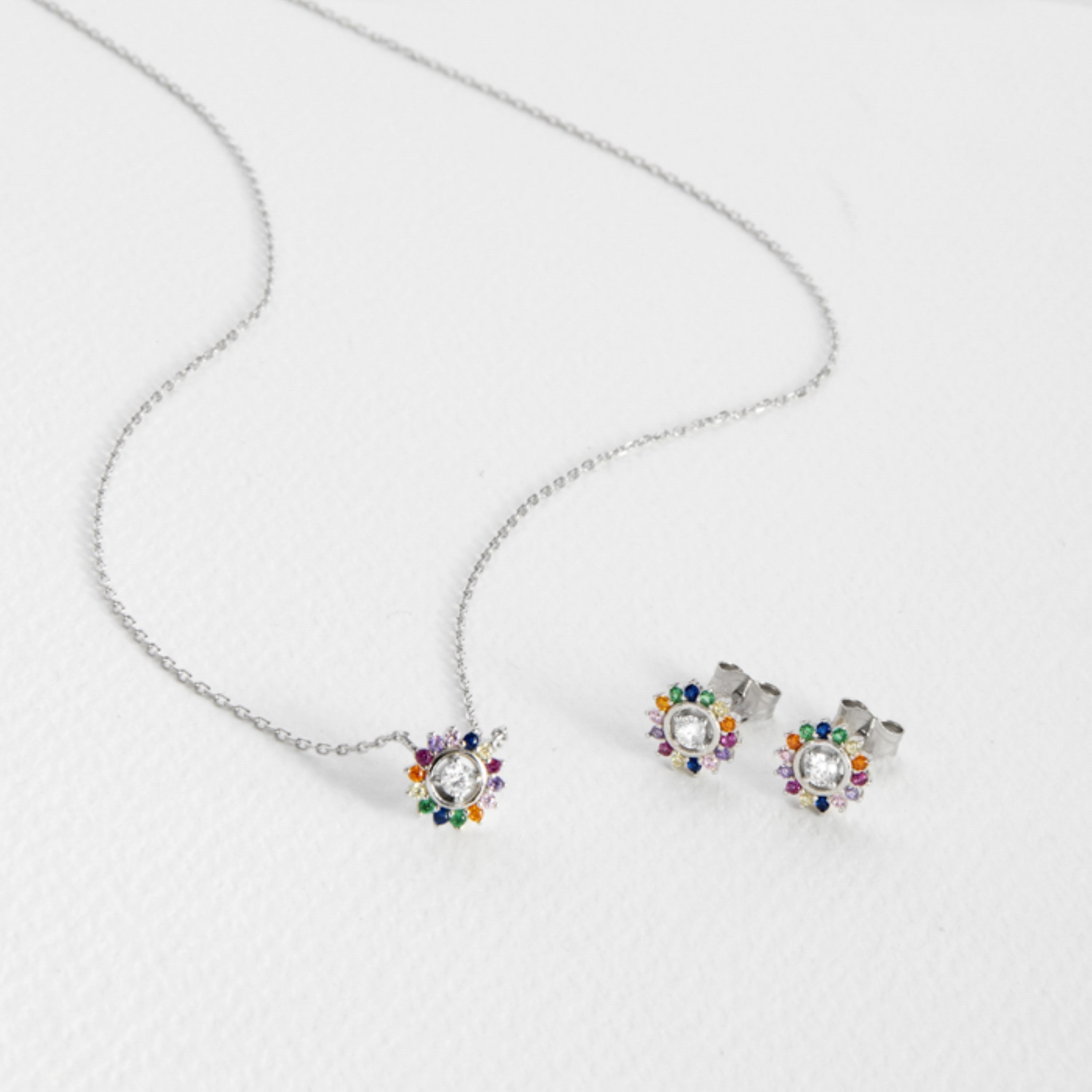 925 Sterling Silver Sets with Multicolor Zirconia in Rhodium Finish - Nahra