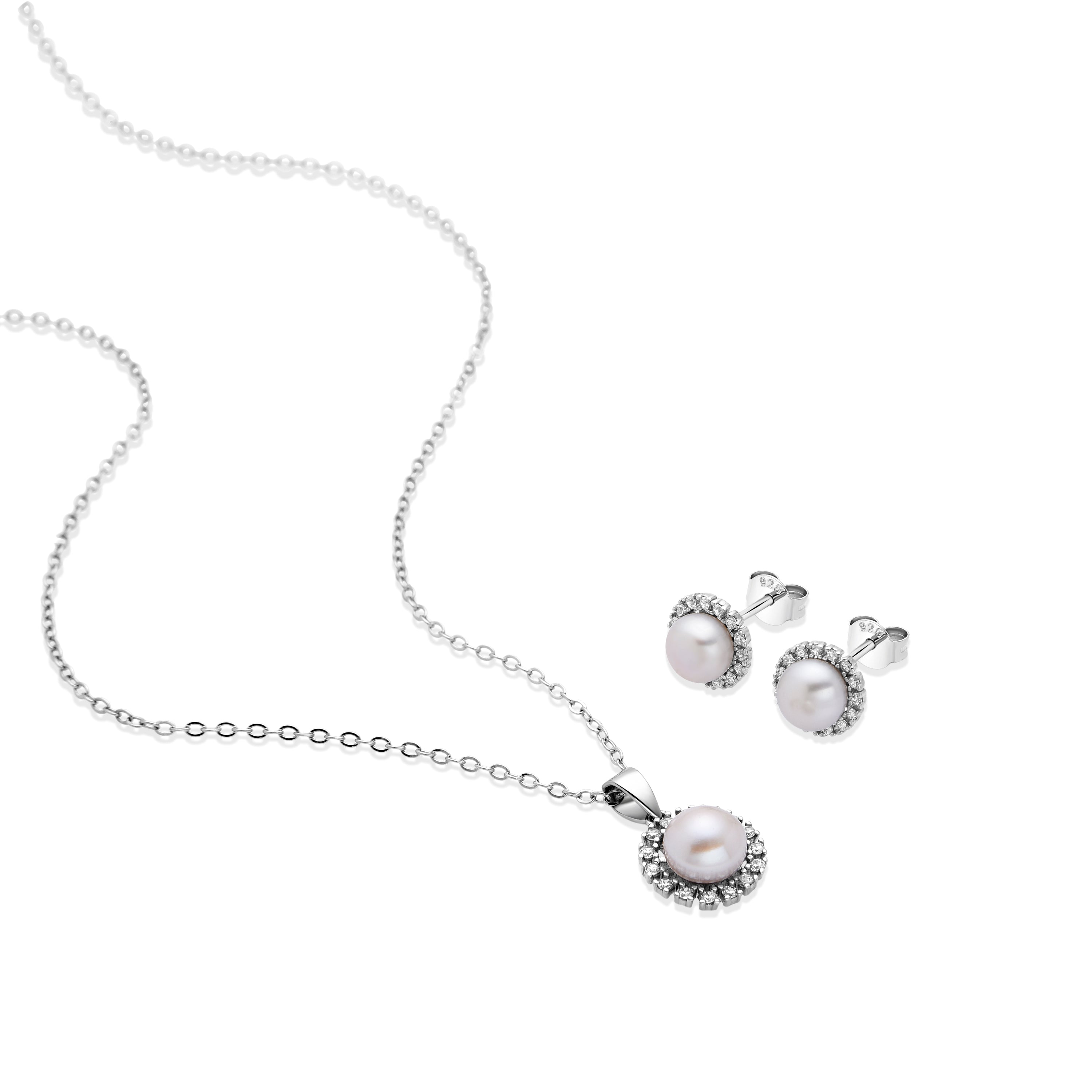 925 Sterling Silver Sets with White Pearl, Rhodium Finish - Duil
