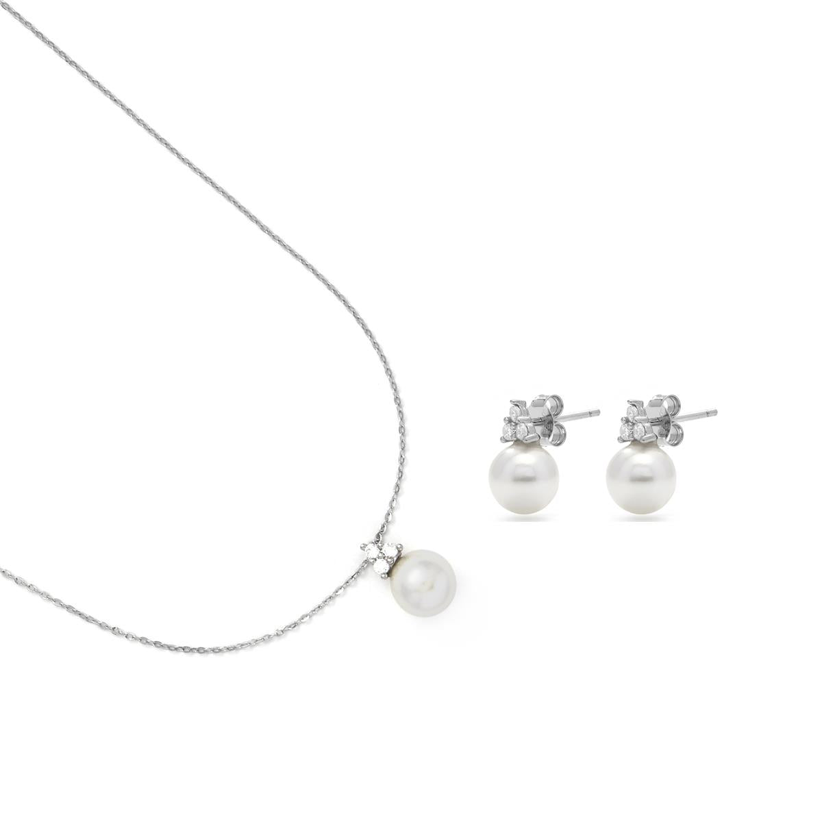 925 Sterling Silver and White Pearl Sets with Rhodium Finish - Nesko