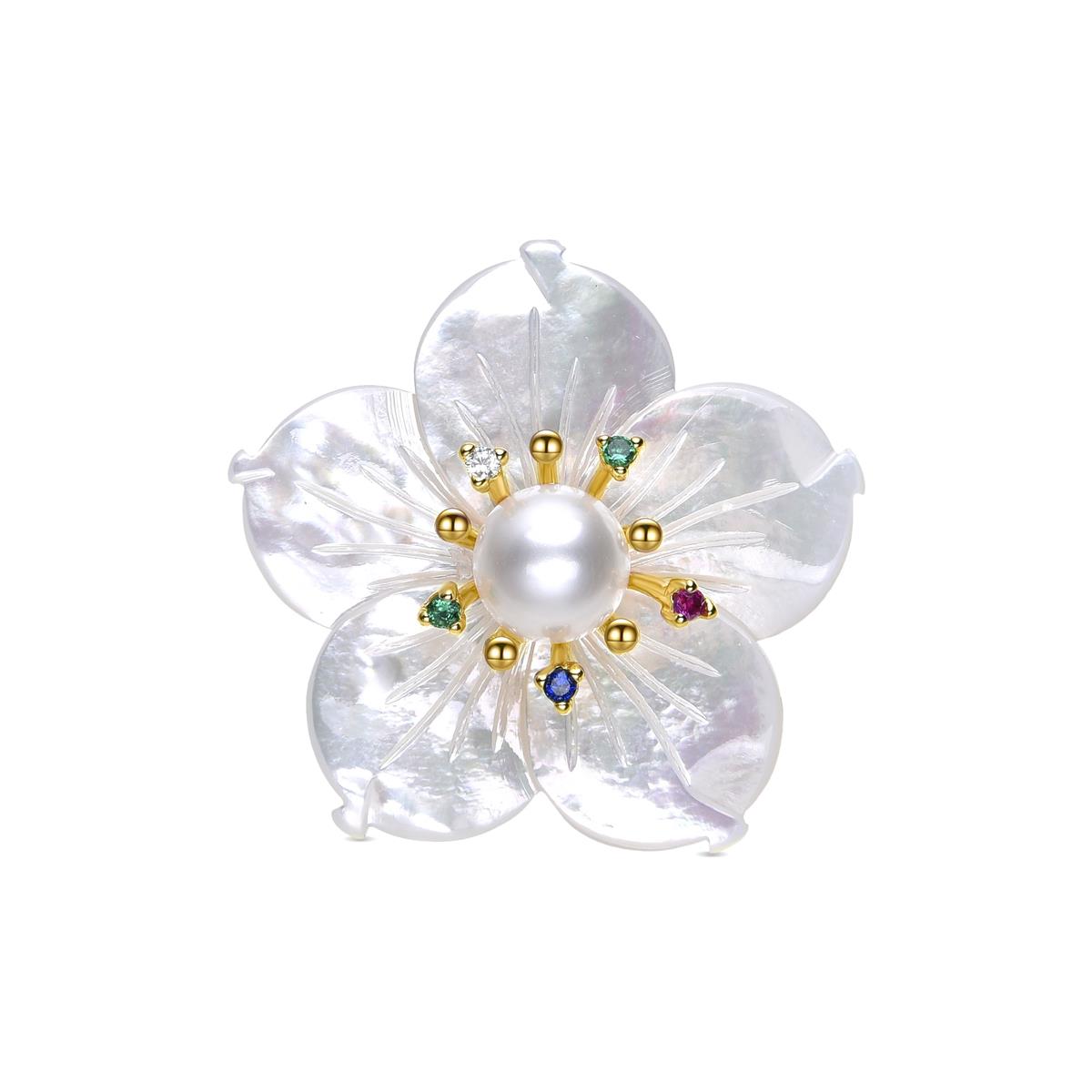 Brooch with White Mother of Pearl and 18K Yellow Gold finish - Flower