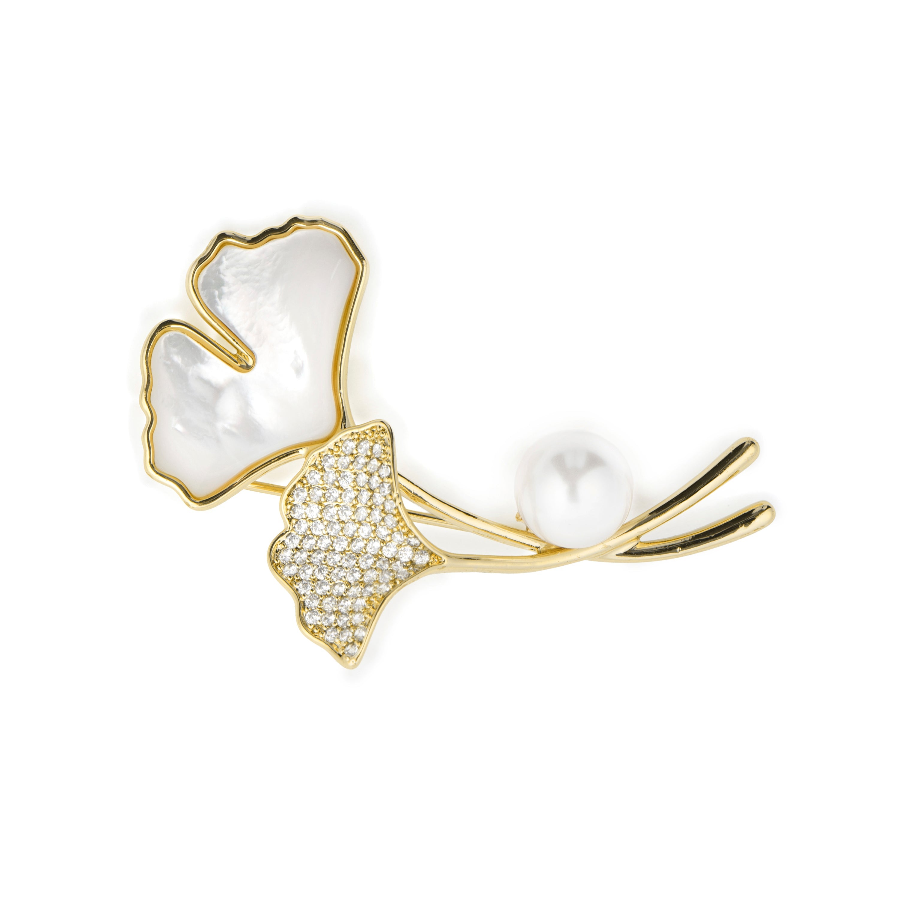 18k Yellow Gold-Plated White Mother-of-Pearl Brooch - Ainya