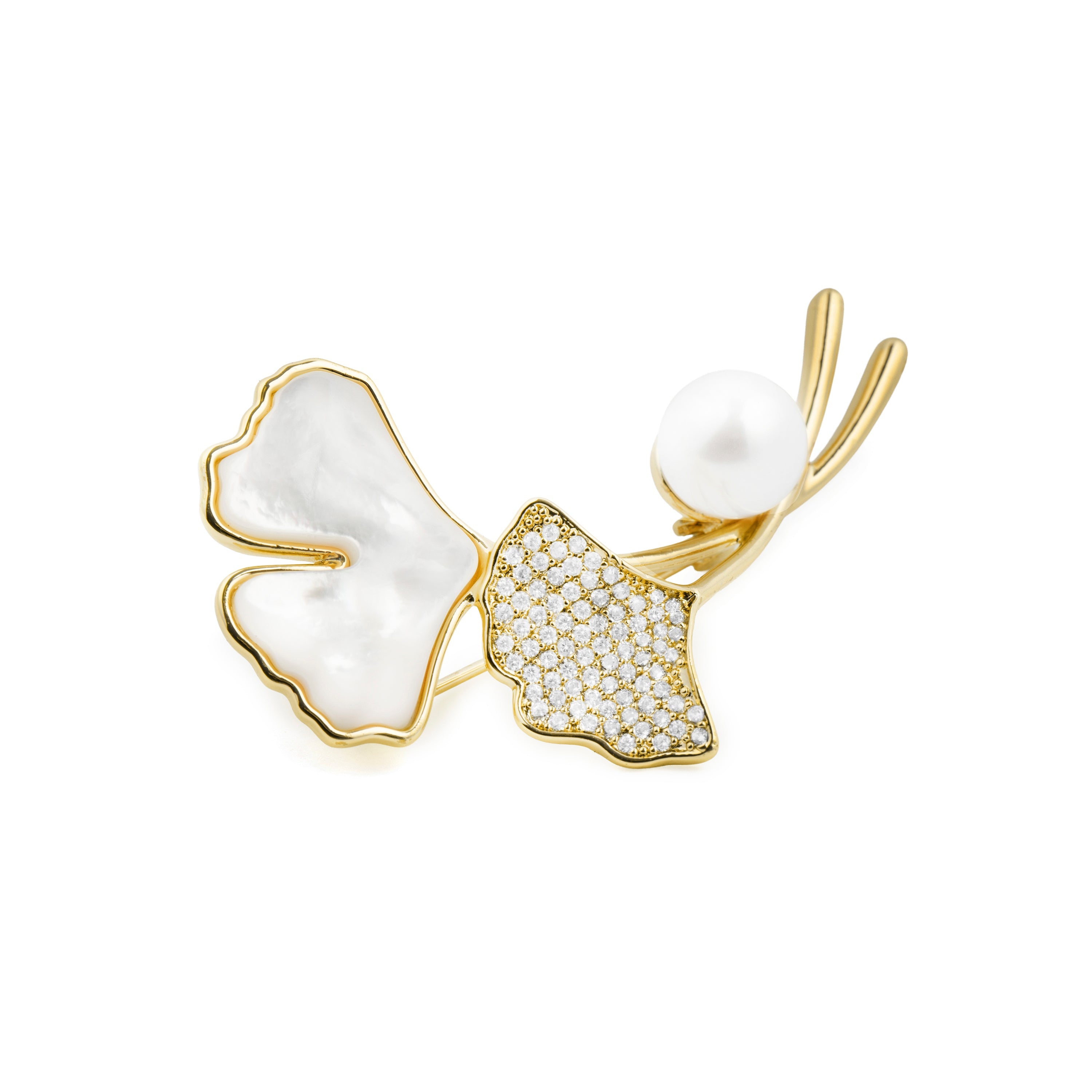 18k Yellow Gold-Plated White Mother-of-Pearl Brooch - Ainya