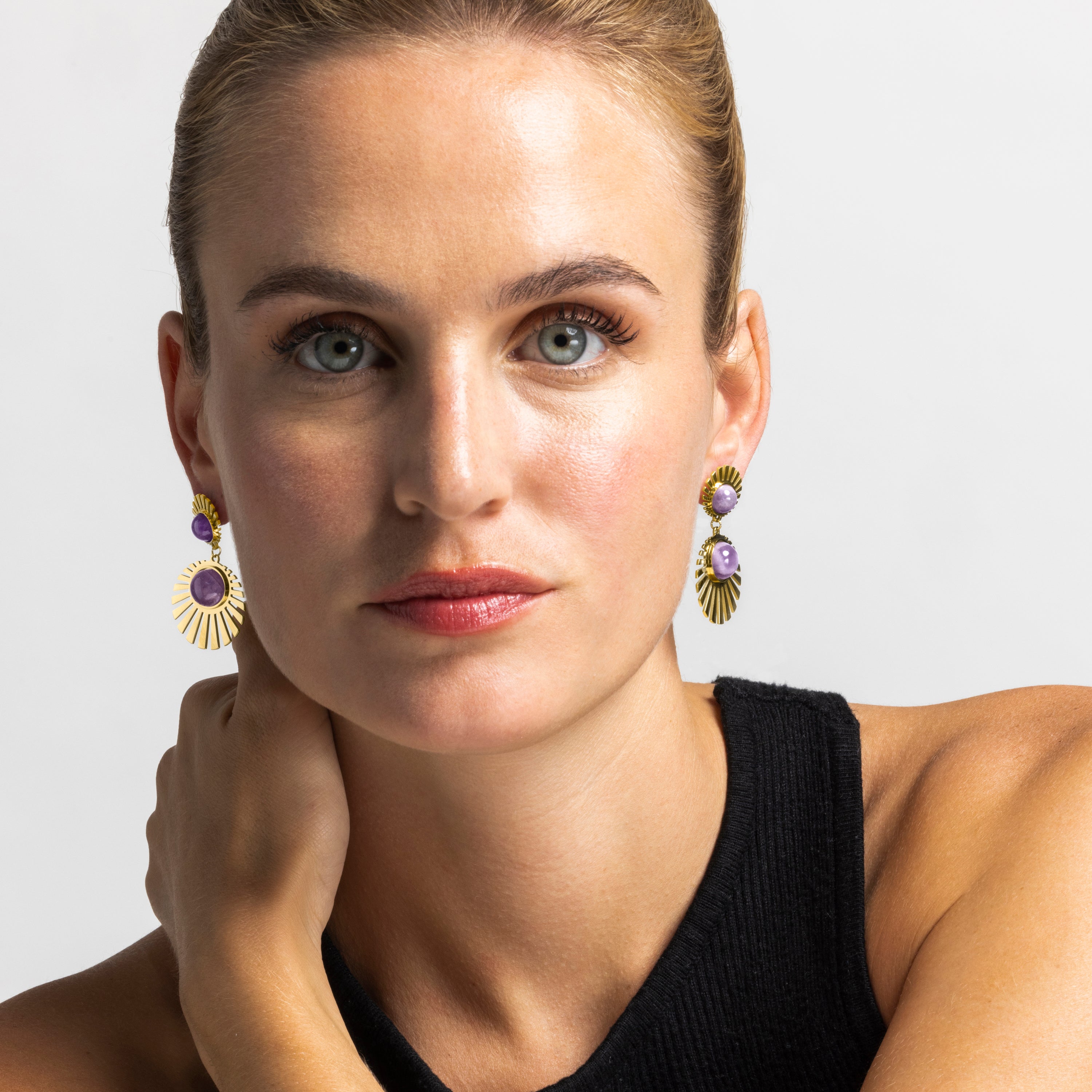 Earrings with Hydrothermal Quartz Amethyst 18k gold finish - Zuxia