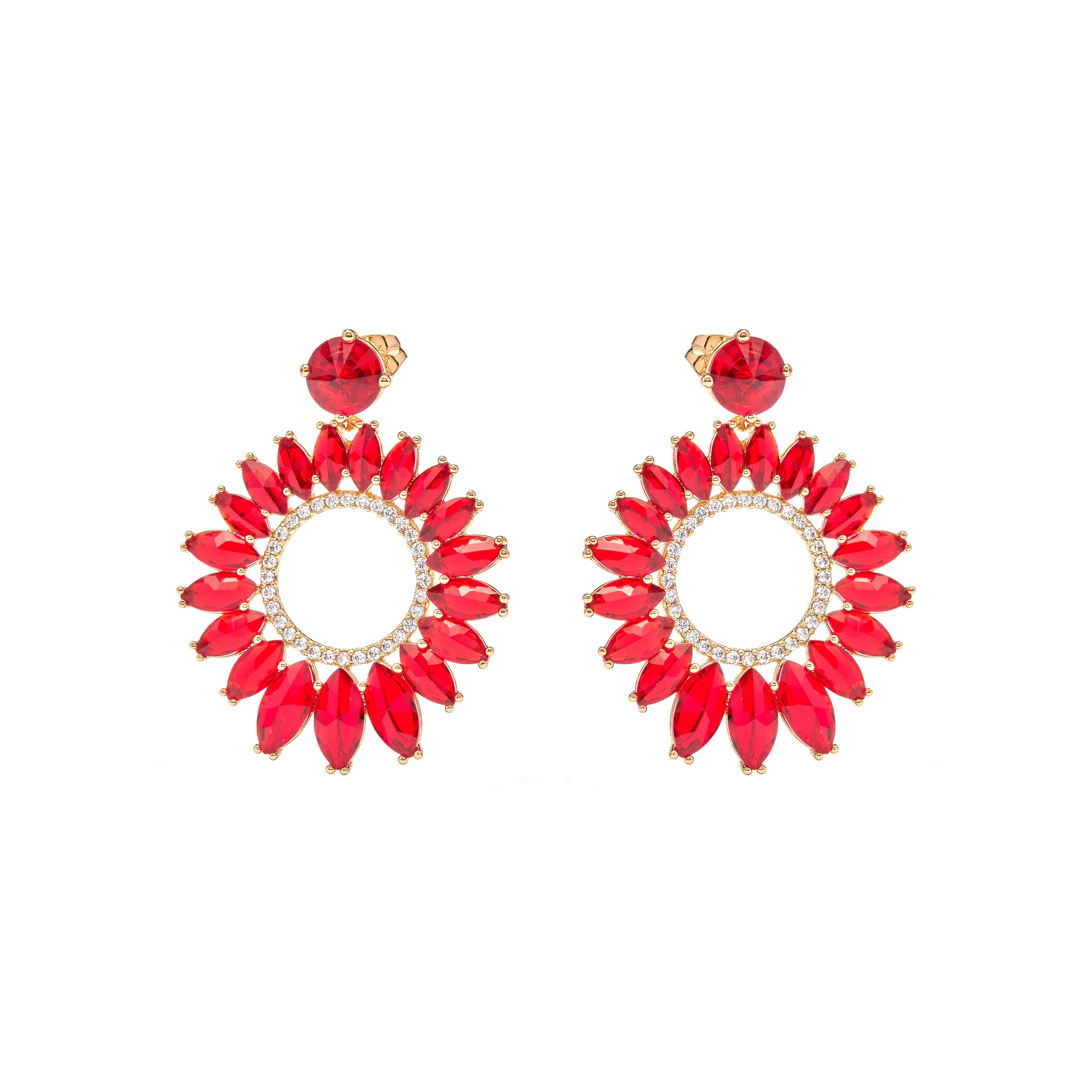 18k Yellow Gold-Plated Red Crystal Drop Earrings - Lelyl