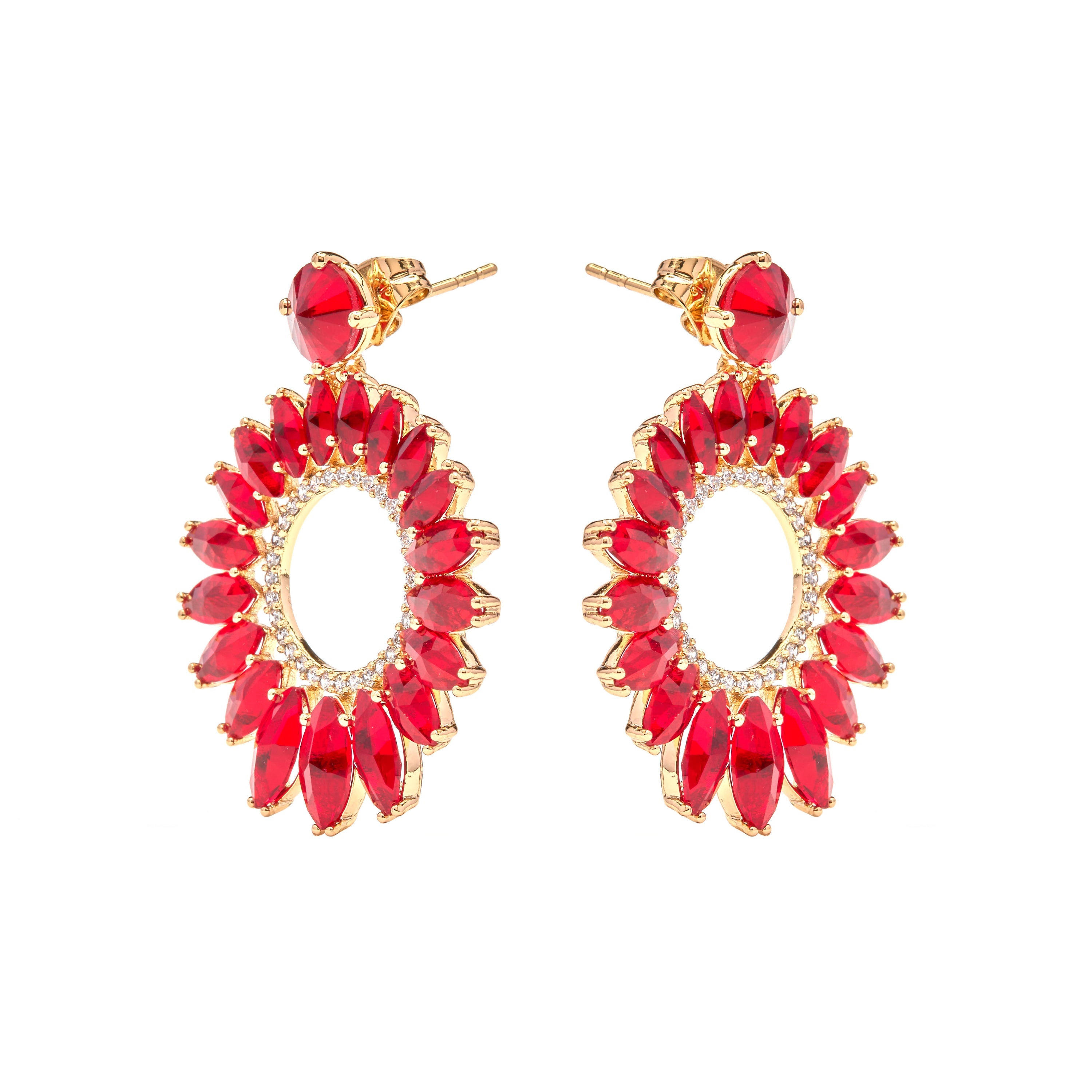 18k Yellow Gold-Plated Red Crystal Drop Earrings - Lelyl