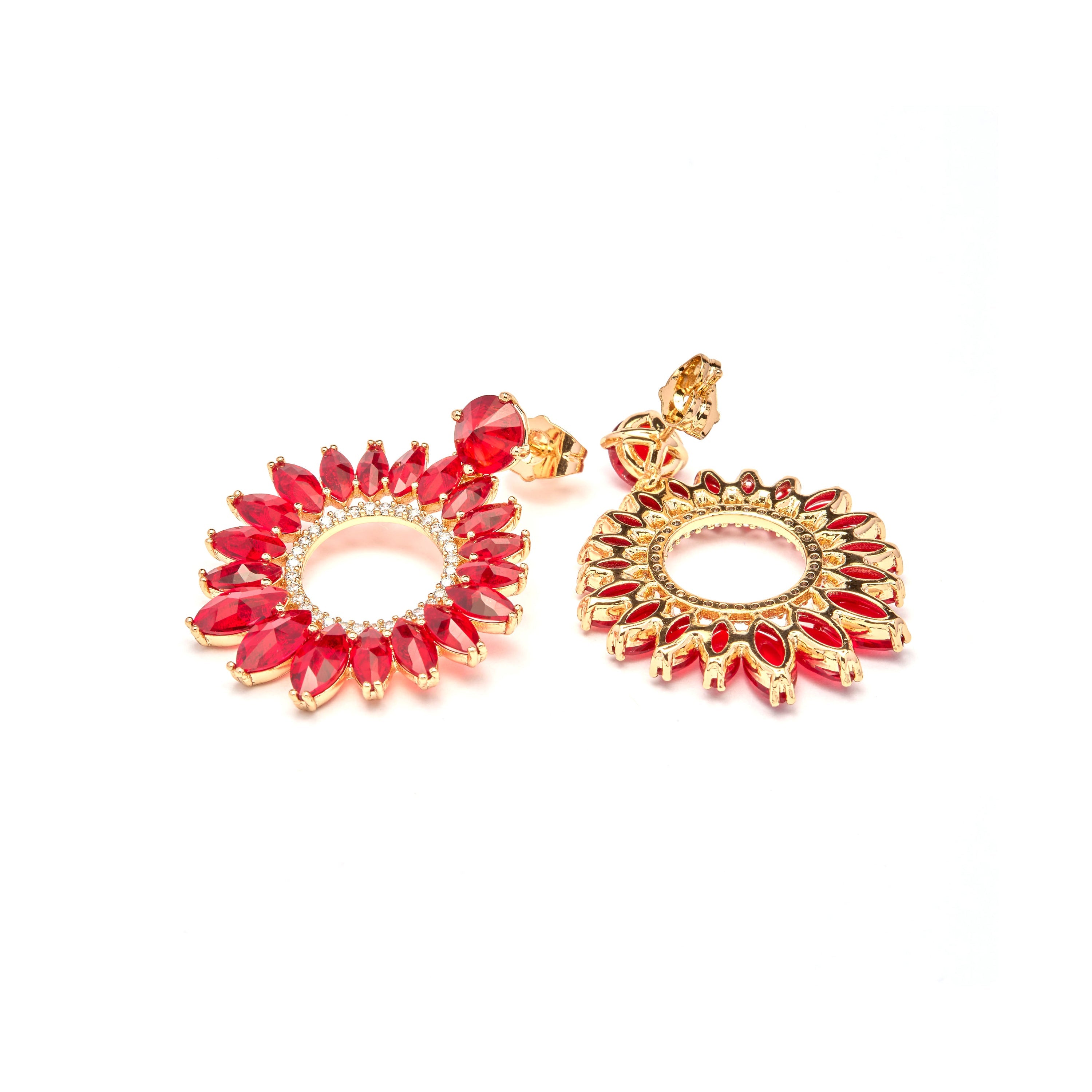 18k Yellow Gold-Plated Red Crystal Drop Earrings - Lelyl