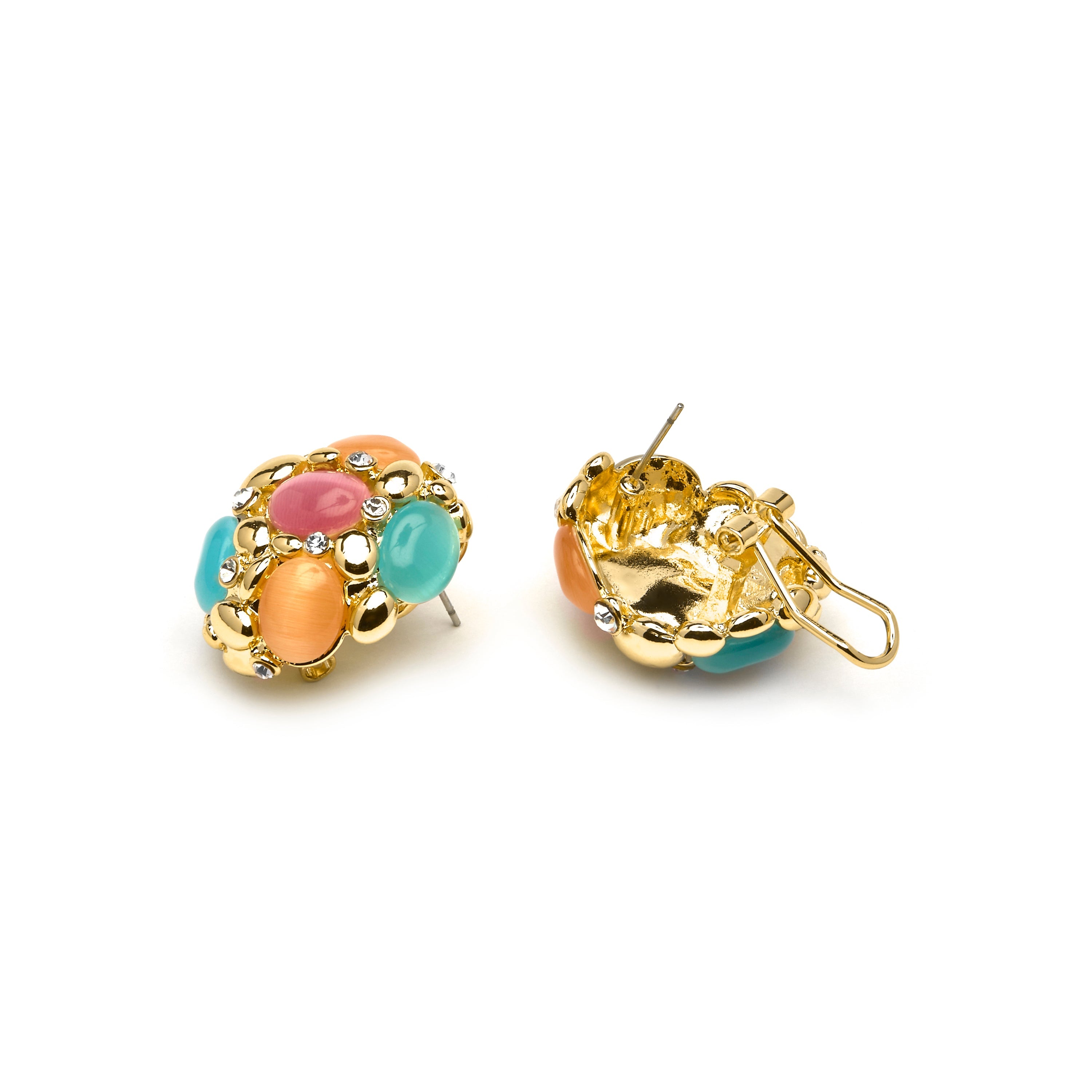 Brincos Shyal de Olho de Gato Multicoloridos com acabamento em ouro amarelo 18k