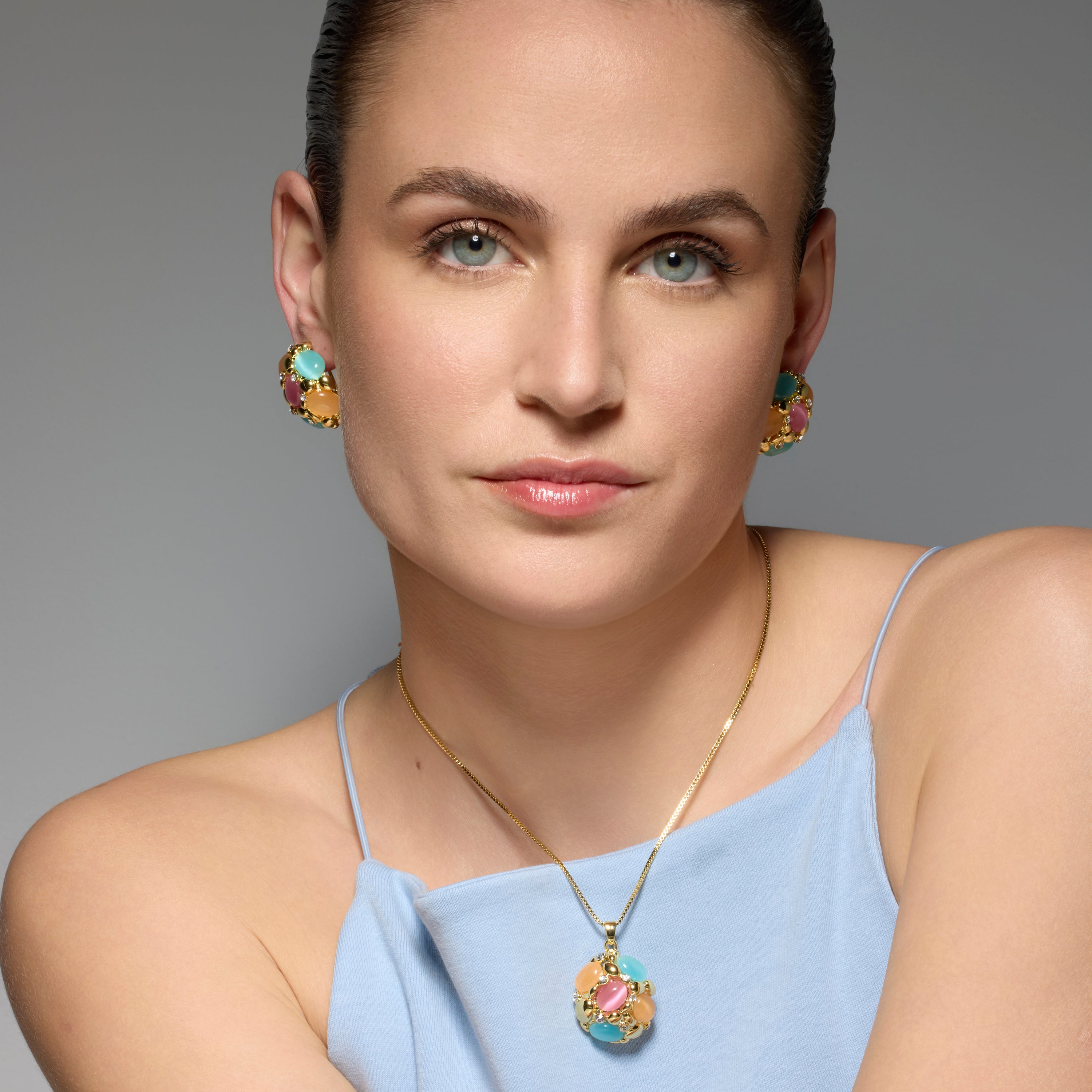 Shyal Multicolor Cat's Eye Earrings in 18k Yellow Gold Finish