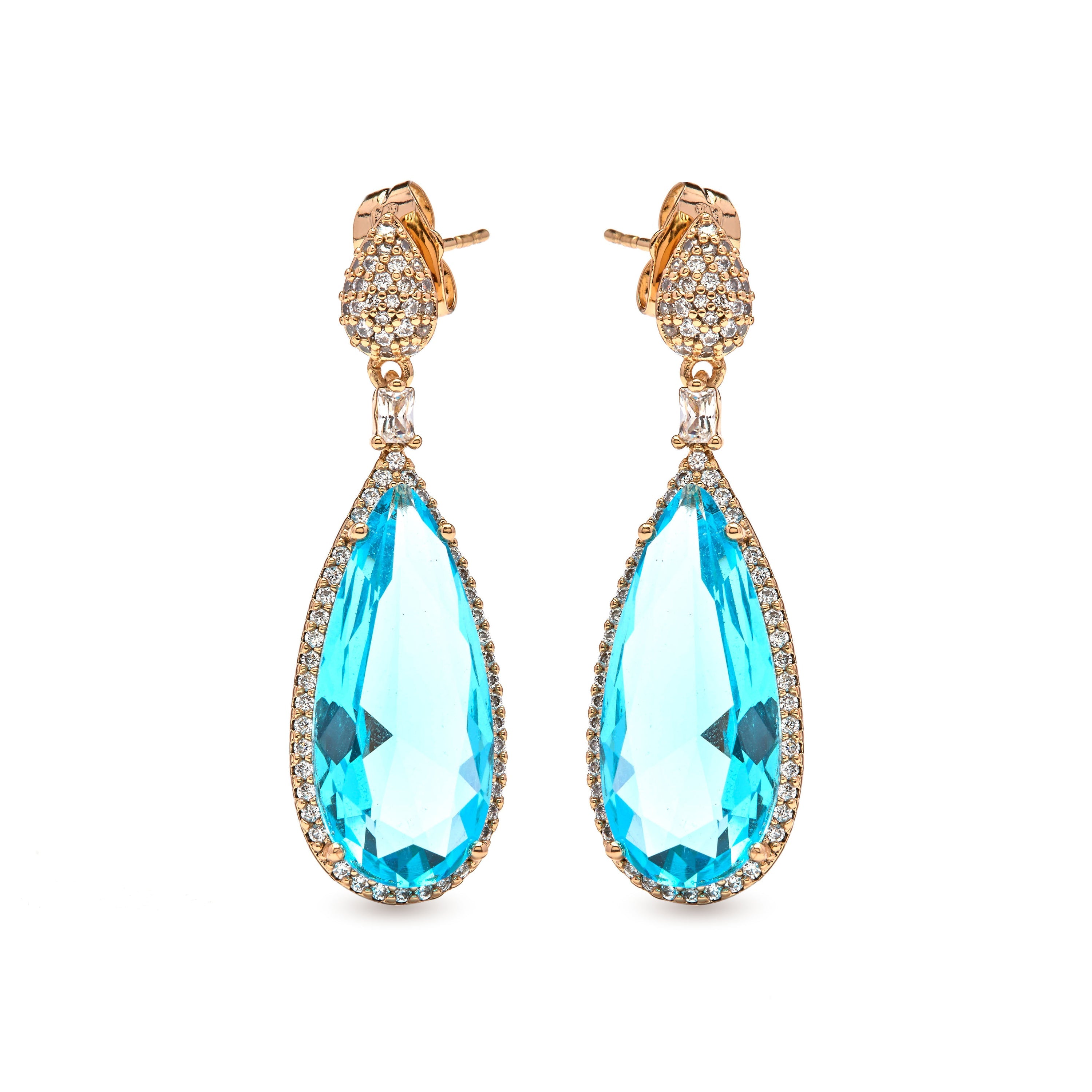 18k Yellow Gold Finish Aquamarine Zirconia Earrings - Miely