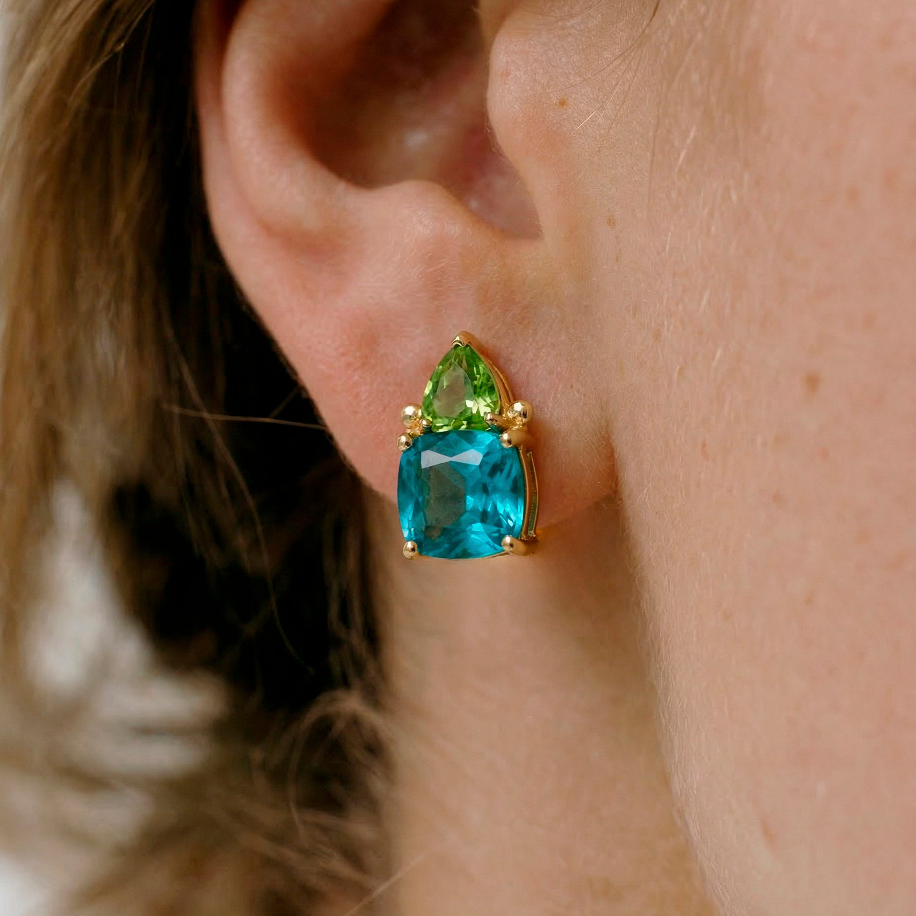 Paraiba Green Hydrothermal Quartz Earrings in 18k Yellow Gold Finish - Ilkan