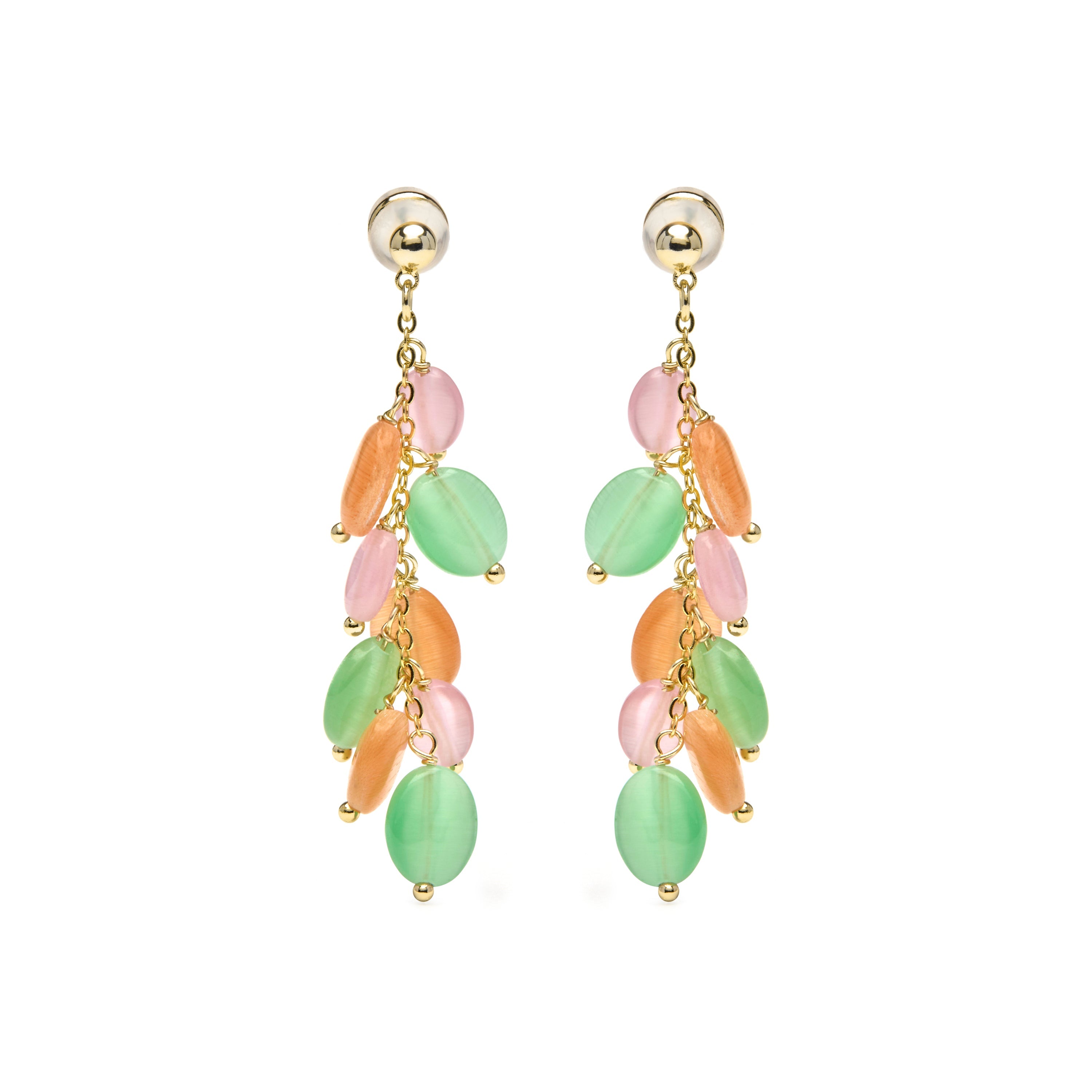 18k yellow gold finish earrings with multicolored cat's eye - Gorai