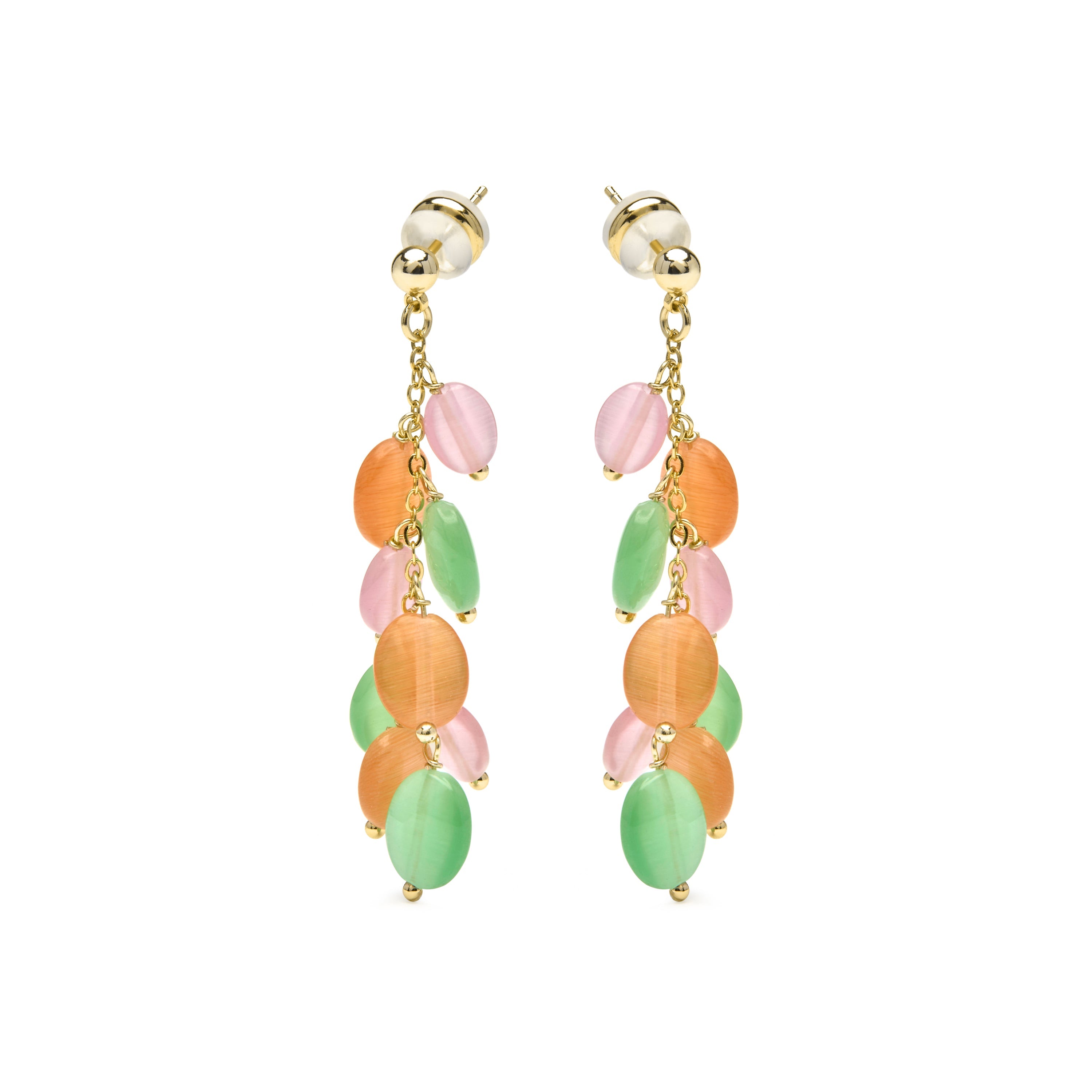 18k yellow gold finish earrings with multicolored cat's eye - Gorai
