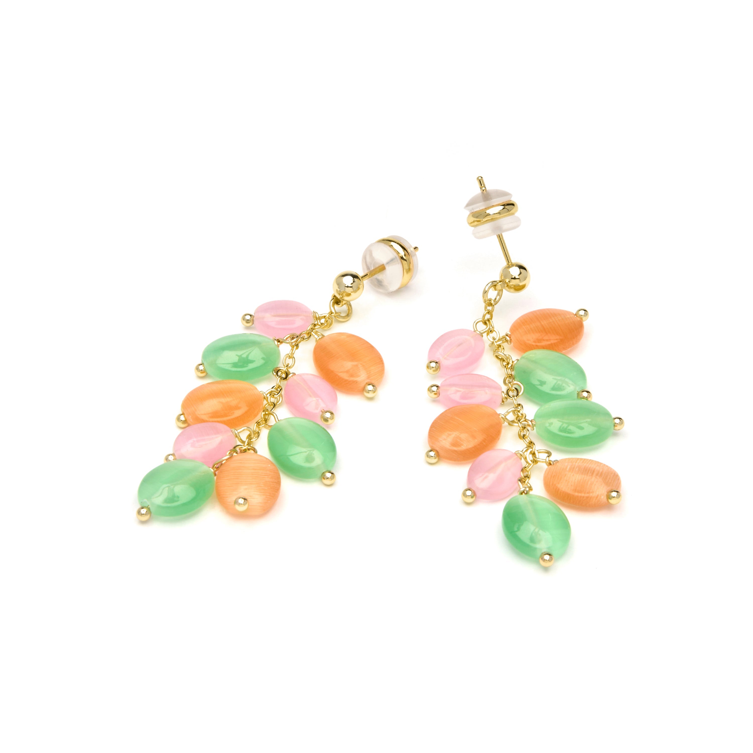 18k yellow gold finish earrings with multicolored cat's eye - Gorai