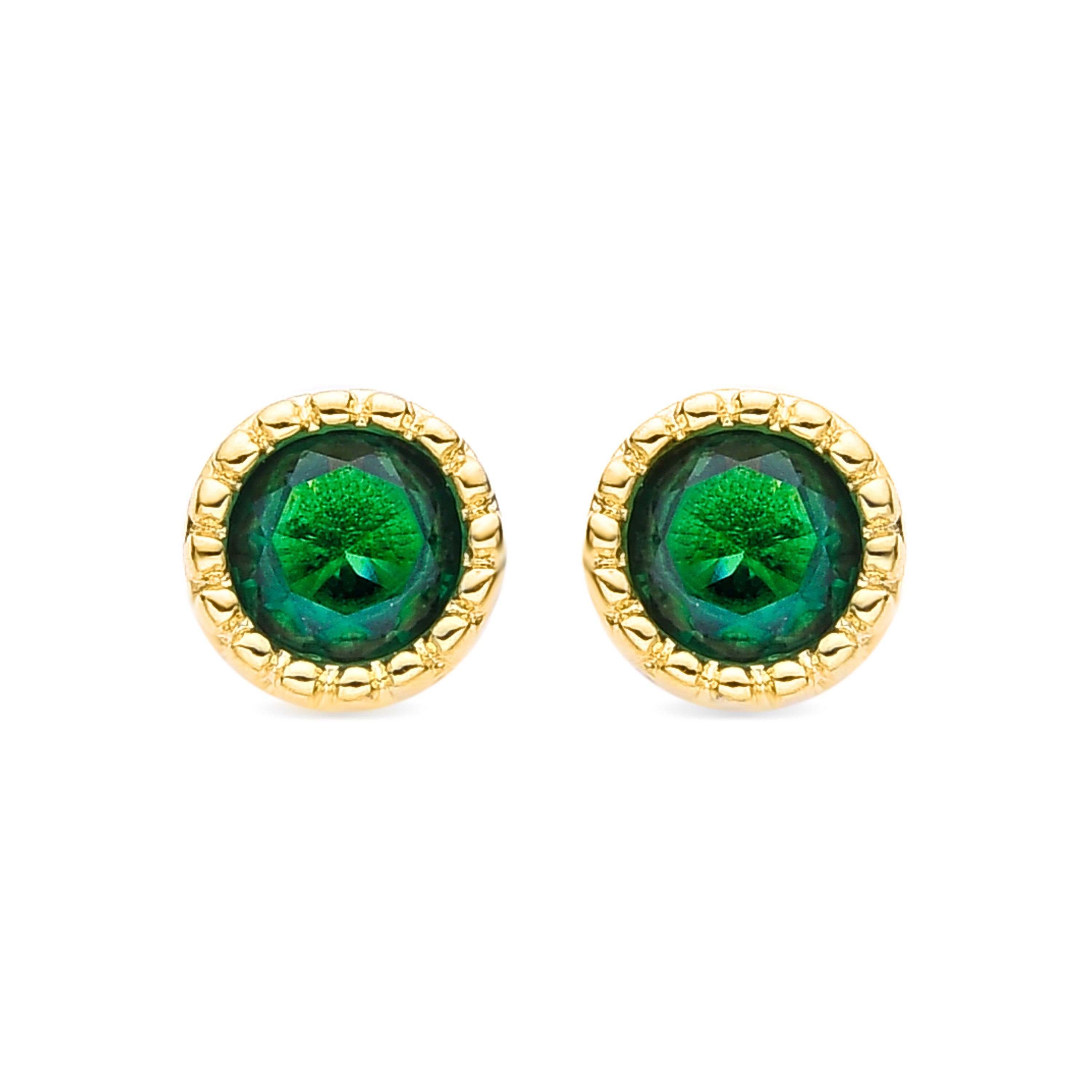 18K Yellow Gold Emerald Zirconia Stud Earrings - Hamu