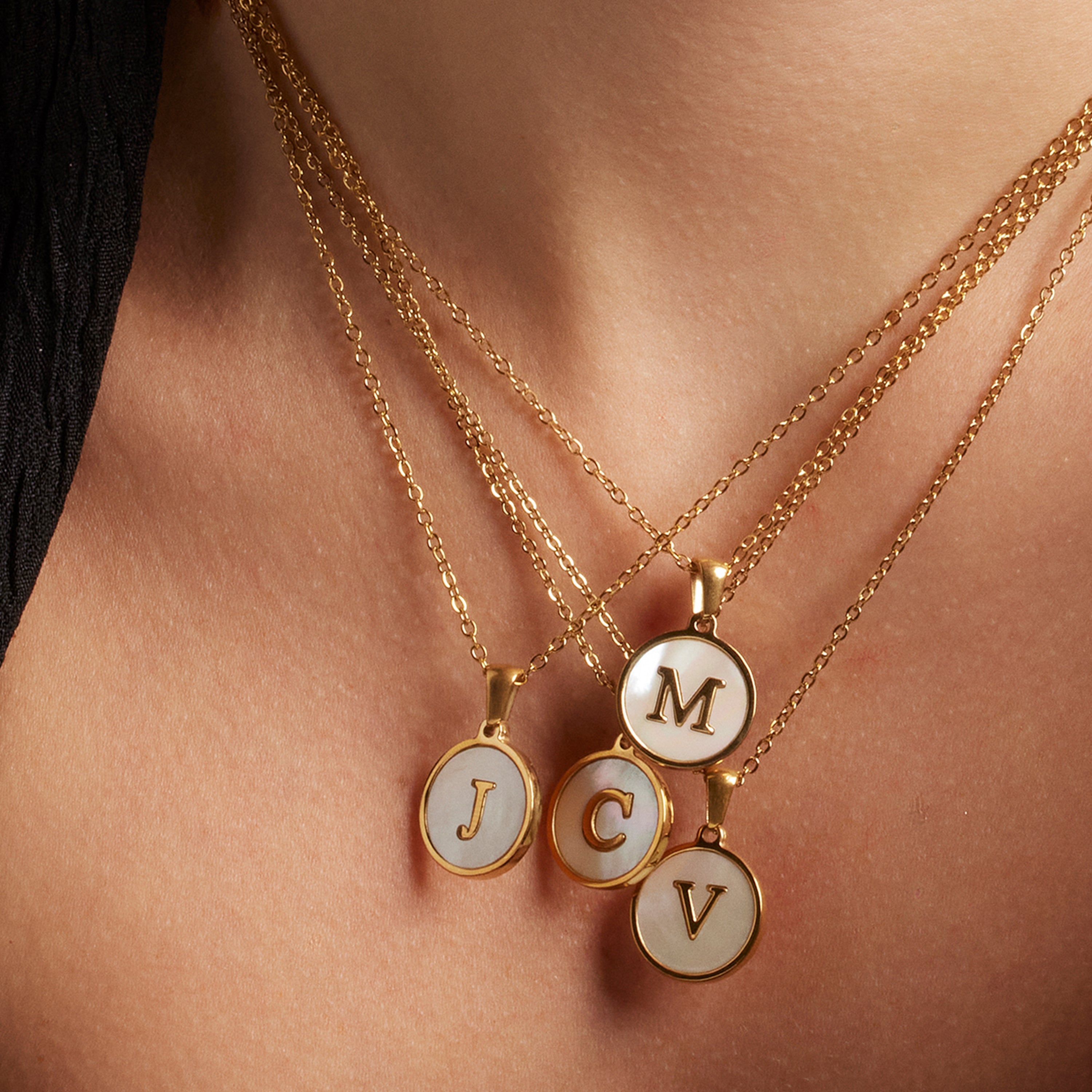 White Mother of Pearl Necklace Finished in 18K Yellow Gold - Alphabet