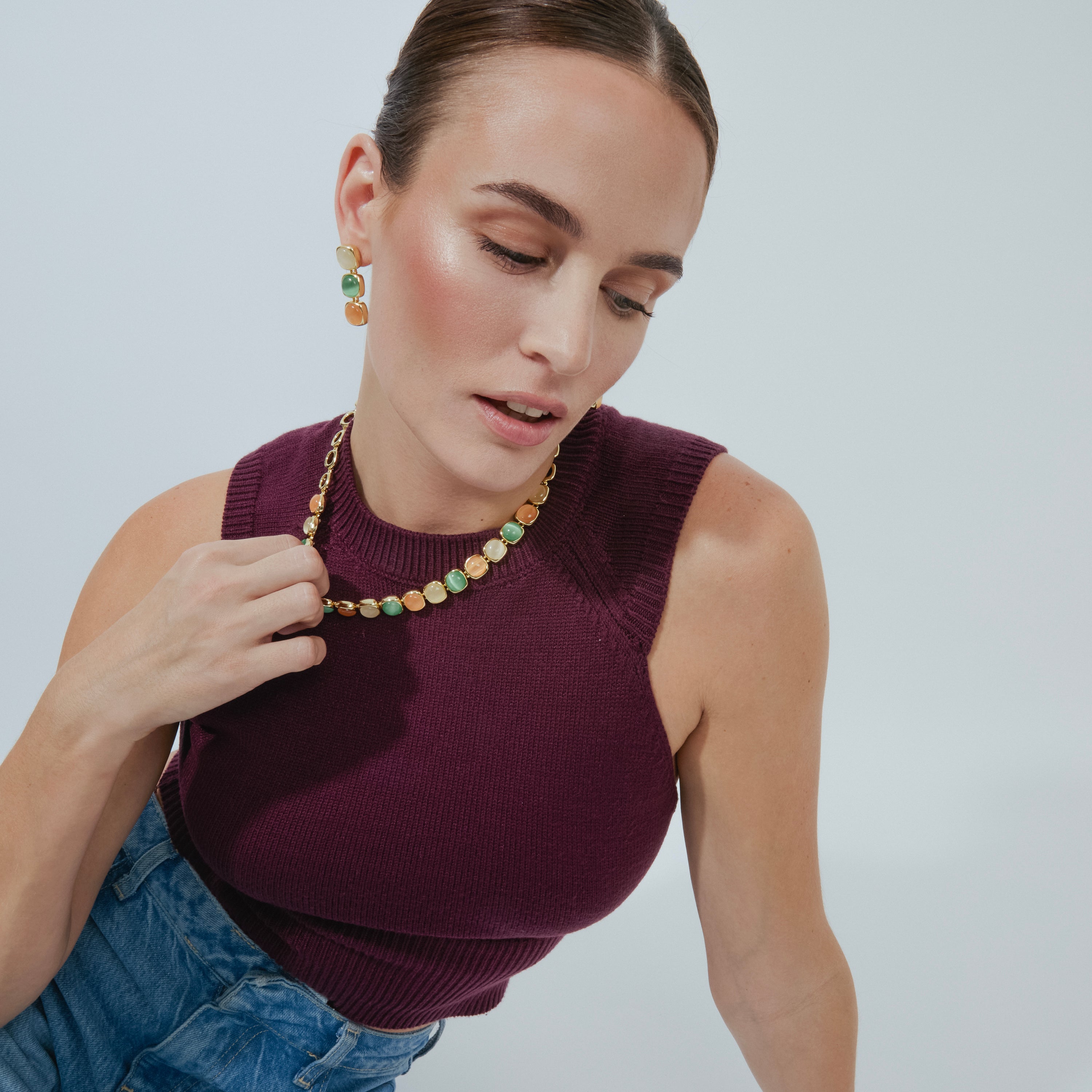 Colar com Olho de Gato Multicolorido com acabamento em ouro 18k - Shureo