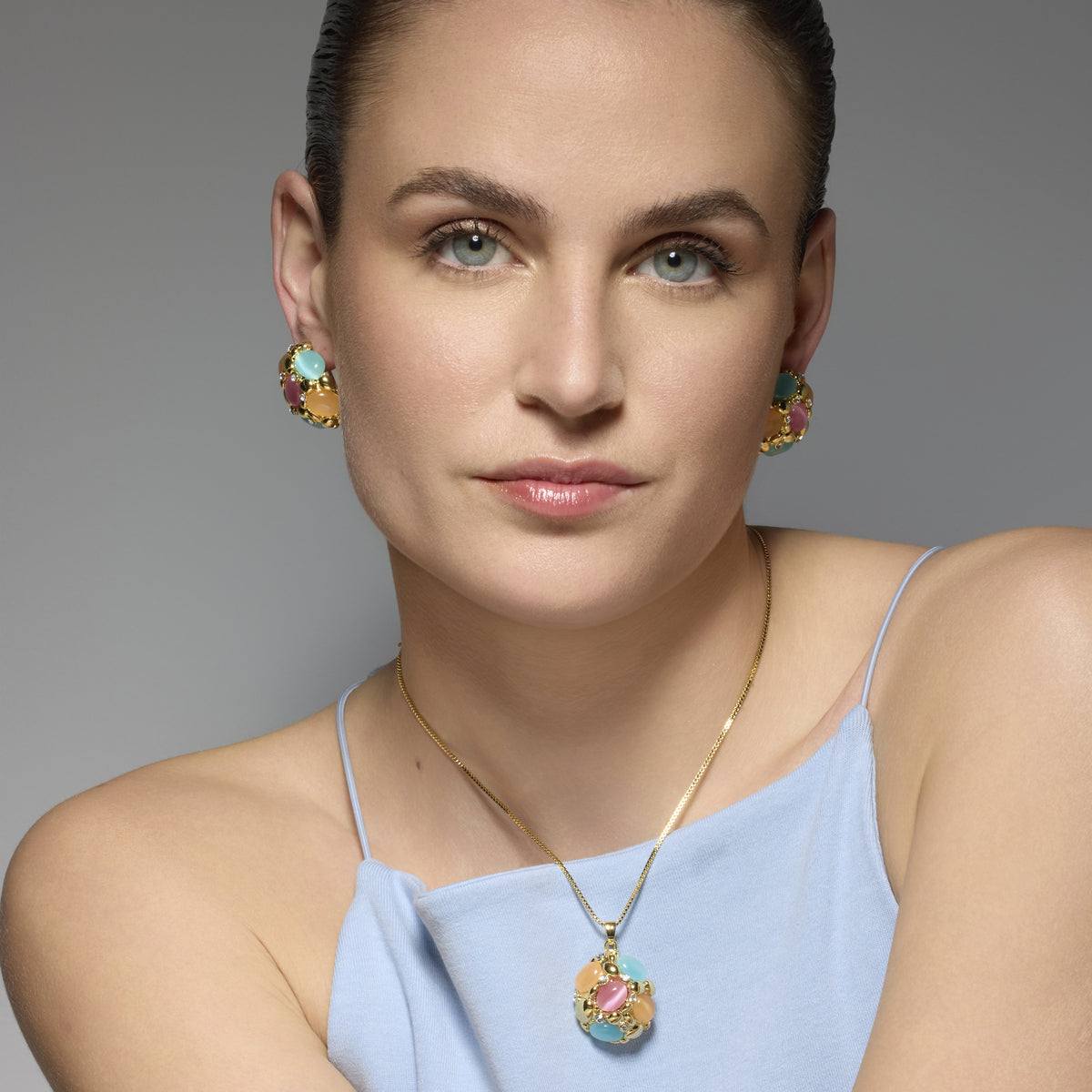 Shyal Multicolor Cat&amp;#39;s Eye Necklace in 18k Yellow Gold Finish