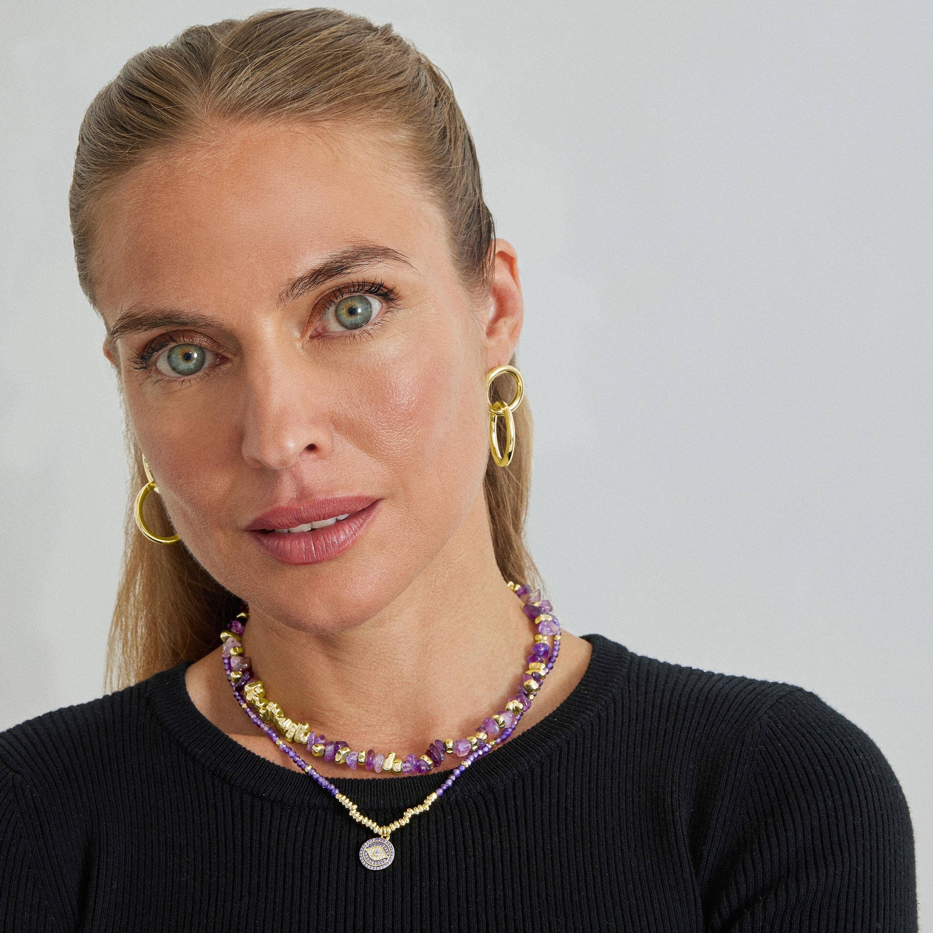 18K Yellow Gold-Finished Natural Amethyst Necklace - Sygo